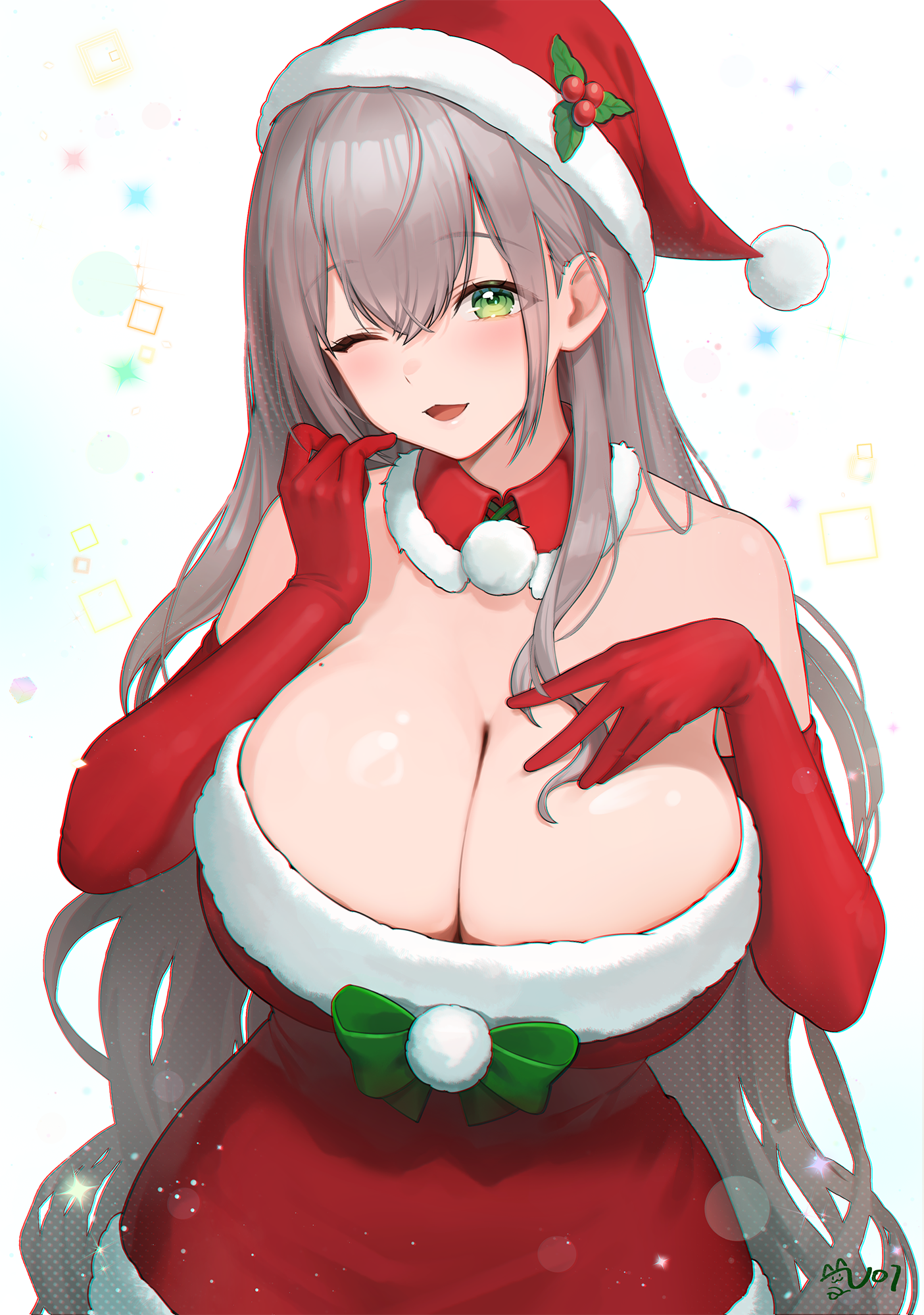 noixen, shirogane noel, hololive, commentary, english commentary, highres, 1girl, ;d, bow, breasts, cleavage, detached collar, dress, fur-trimmed dress, fur trim, gloves, green bow, green eyes, grey hair, hat, large breasts, long hair, looking at viewer, mistletoe hair ornament, one eye closed, open mouth, pom pom (clothes), red dress, red gloves, santa costume, santa dress, santa hat, smile, solo, very long hair, virtual youtuber, white background