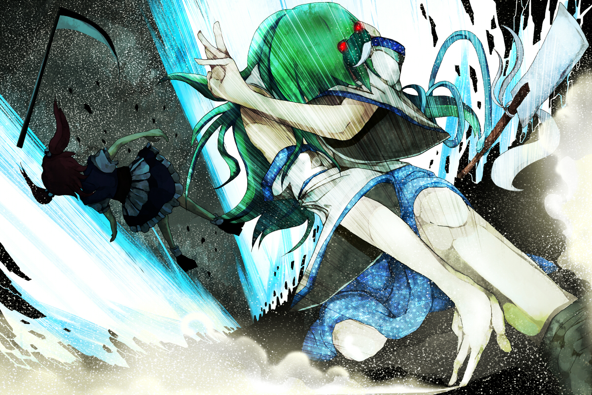 tokoroten (hmmuk), kochiya sanae, onozuka komachi, touhou, bad id, bad pixiv id, 2girls, battle, detached sleeves, female focus, frog, green hair, hair bobbles, hair ornament, japanese clothes, long hair, miko, multiple girls, red hair, scythe, short hair, snake, solo, twintails, two side up
