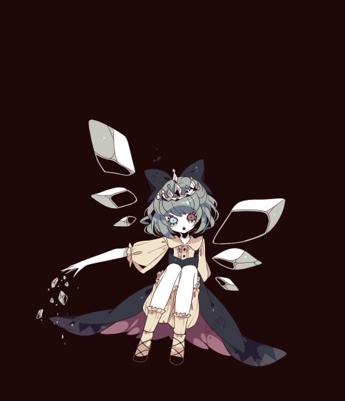 shikimi (yurakuru), cirno, touhou, bad id, bad pixiv id, 1girl, bloomers, blue hair, dark, dress, female focus, full body, heterochromia, ice, short hair, simple background, solo, tiara, underwear, wings