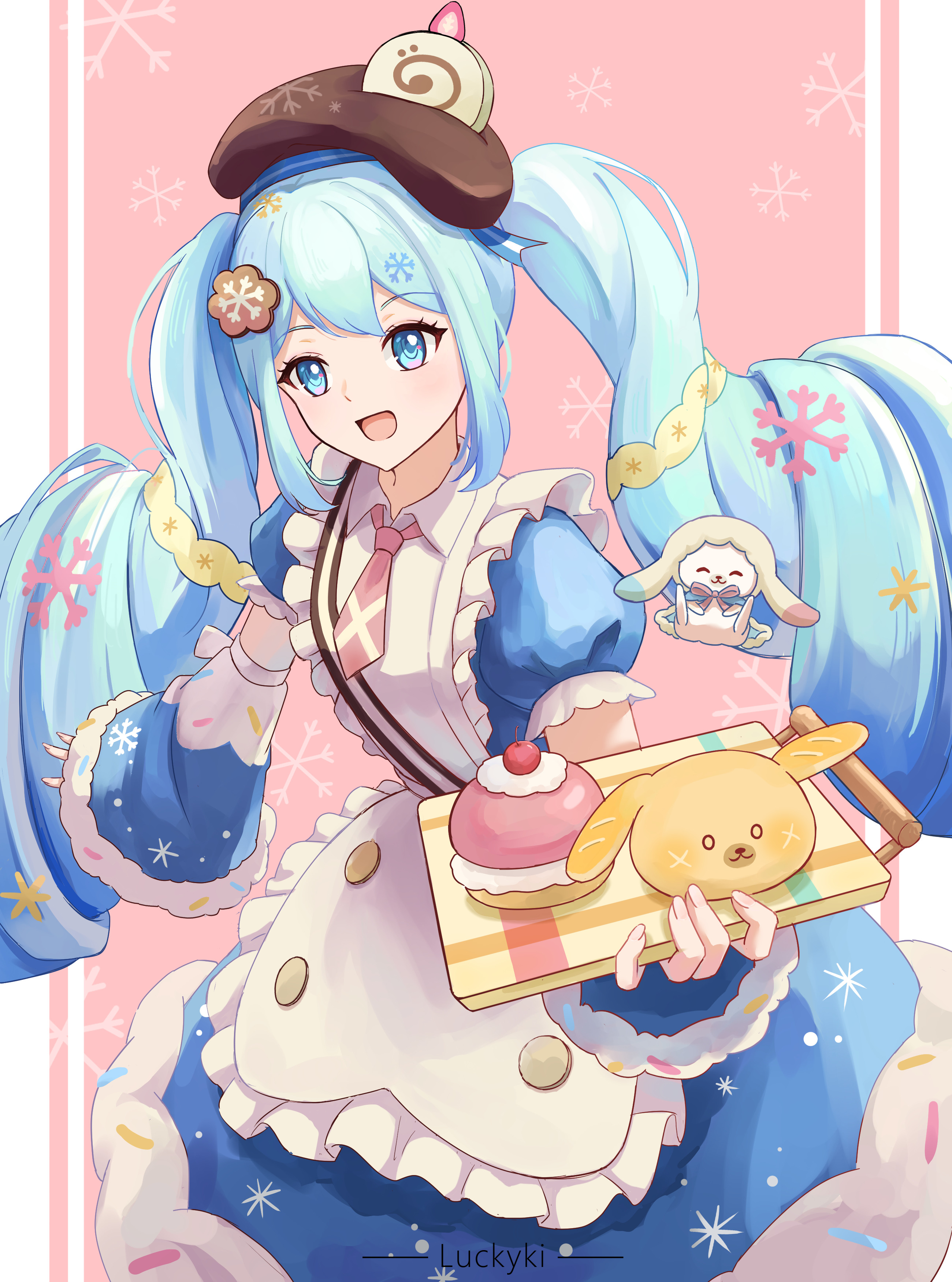 hatsune miku, rabbit yukine, yuki miku, yuki miku (2026), vocaloid, absurdres, commentary request, highres, 1girl, apron, aqua eyes, aqua hair, asymmetrical legwear, blue bow, blue dress, blue eyes, blue hair, blue pantyhose, blue sleeves, blush, bow, bowtie, brown hat, dessert, detached sleeves, double-parted bangs, dress, dress bow, food, food-themed clothes, food-themed hat ornament, frilled apron, frills, fur-trimmed dress, fur-trimmed sleeves, fur trim, hair between eyes, hair ornament, hat, hat ornament, heart, holding, holding tray, long hair, long sleeves, looking at viewer, luckyki, mismatched legwear, necktie, official alternate costume, official alternate hairstyle, open mouth, pantyhose, pink necktie, pink pantyhose, puffy short sleeves, puffy sleeves, short sleeves, smile, snowflake print, solo, striped clothes, striped pantyhose, tray, twintails, two-tone sleeves, very long hair, wavy hair, white apron, wide sleeves