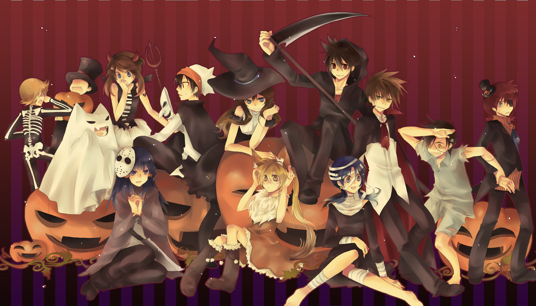 jikei, barry (pokemon), blue oak, brendan (pokemon), dawn (pokemon), emerald (pokemon), ethan (pokemon), green (pokemon), kris (pokemon), lucas (pokemon), may (pokemon), red (pokemon), silver (pokemon), yellow (pokemon), nintendo, pokemon, pokemon adventures, highres, 5girls, 6+boys, alternate costume, barefoot, brown hair, everyone, feet, halloween, hat, multiple boys, multiple girls, toes