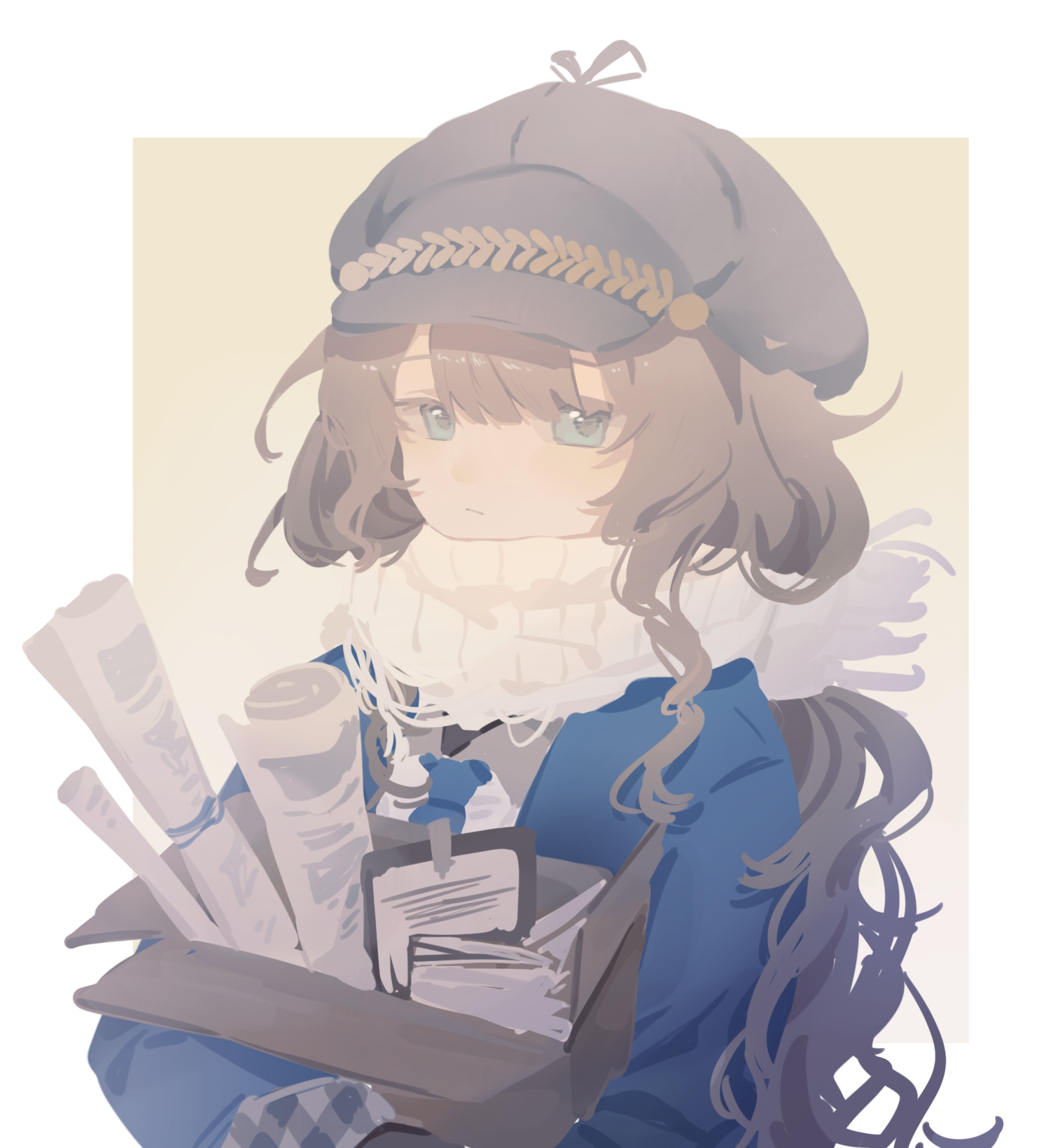 mingzhaichuan, marcus (reverse:1999), reverse:1999, chinese commentary, commentary request, highres, 1girl, :/, blue coat, blue eyes, border, box, brown hair, closed mouth, coat, grey hat, hat, holding, holding box, long hair, looking at viewer, newsboy cap, outside border, rolled-up paper, scarf, solo, upper body, white border, white scarf, yellow background