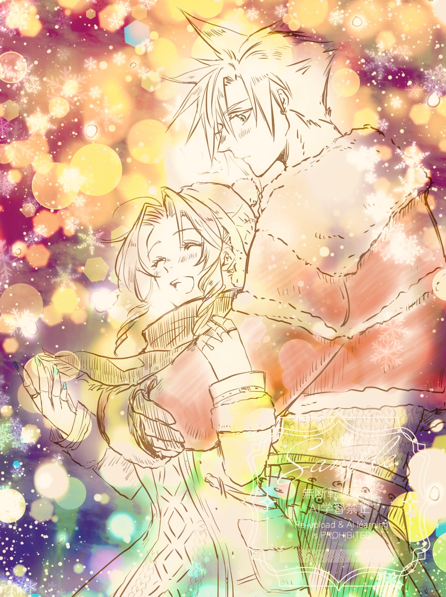 tokiokiyu, aerith gainsborough, aerith gainsborough (fairy of snowfall), cloud strife, cloud strife (holiday outfit), final fantasy, final fantasy vii, final fantasy vii: ever crisis, commentary request, highres, 1boy, 1girl, aqua nails, belt, black belt, black gloves, black scarf, blurry, blush, bokeh, christmas, closed eyes, coat, couple, depth of field, dress, fingerless gloves, fur-trimmed coat, fur trim, gloves, hair between eyes, hat, hetero, holding another's arm, hug, hug from behind, long hair, looking at another, nail polish, official alternate costume, open mouth, parted bangs, pom pom hat ornament, red belt, red coat, sample watermark, scarf, shared clothes, short hair, sidelocks, smile, snowflakes, spiked hair, sweater, sweater dress, upper body, watermark, white coat, white gloves, white hat, white sweater