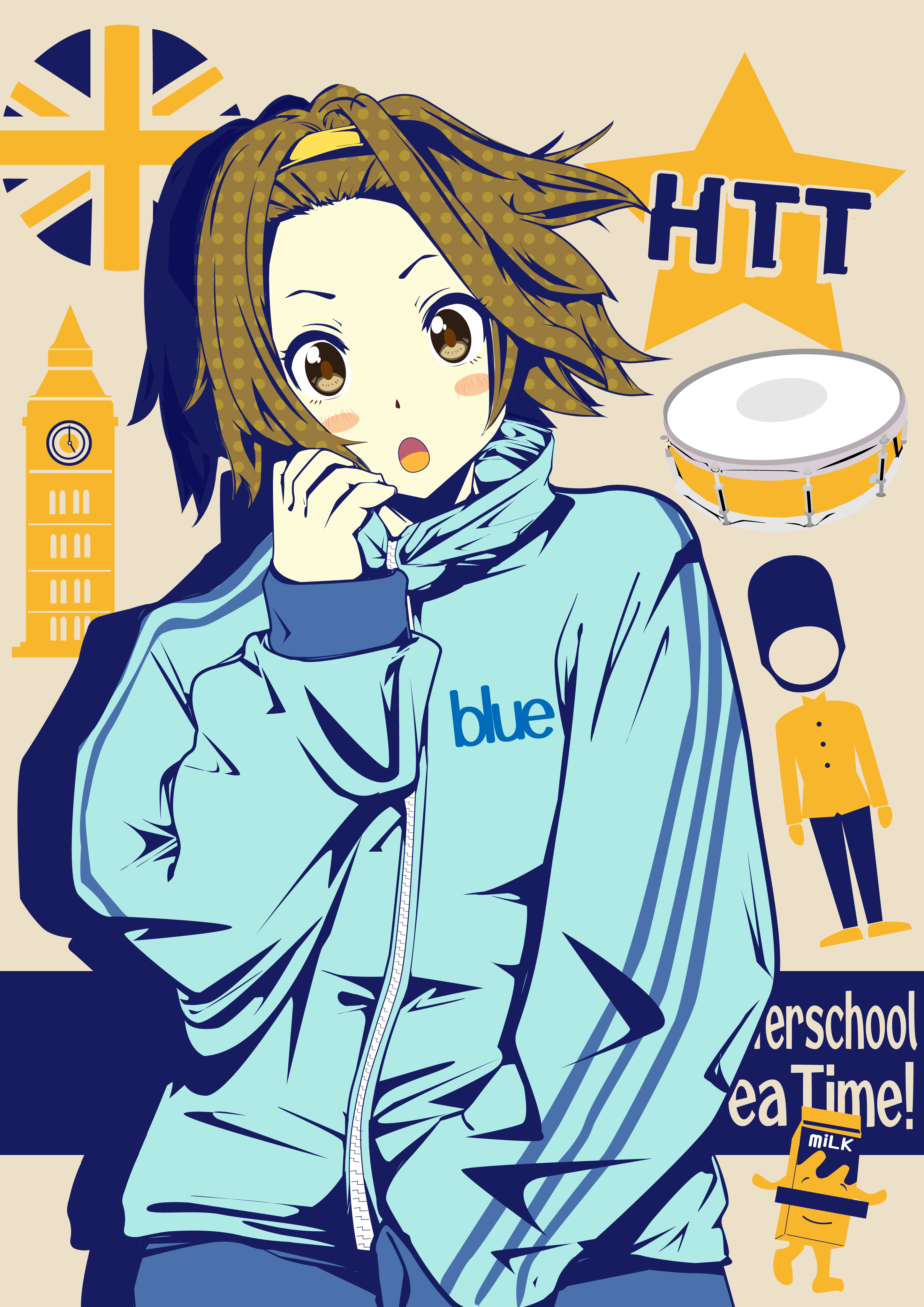 laika2slip, tainaka ritsu, k-on!, absurdres, commentary request, highres, 1girl, :o, blue jacket, blue pants, blush stickers, brown hair, casual, drink carton, elizabeth tower, hairband, jacket, long sleeves, looking at viewer, milk carton, open mouth, pants, short hair, solo, tongue, track jacket, union jack, white hairband