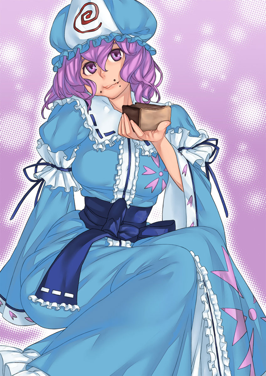 harmaline, saigyouji yuyuko, touhou, highres, 1girl, cake, eating, female focus, food, food on face, halftone, halftone background, hat, looking at viewer, pink eyes, pink hair, short hair, sitting, solo