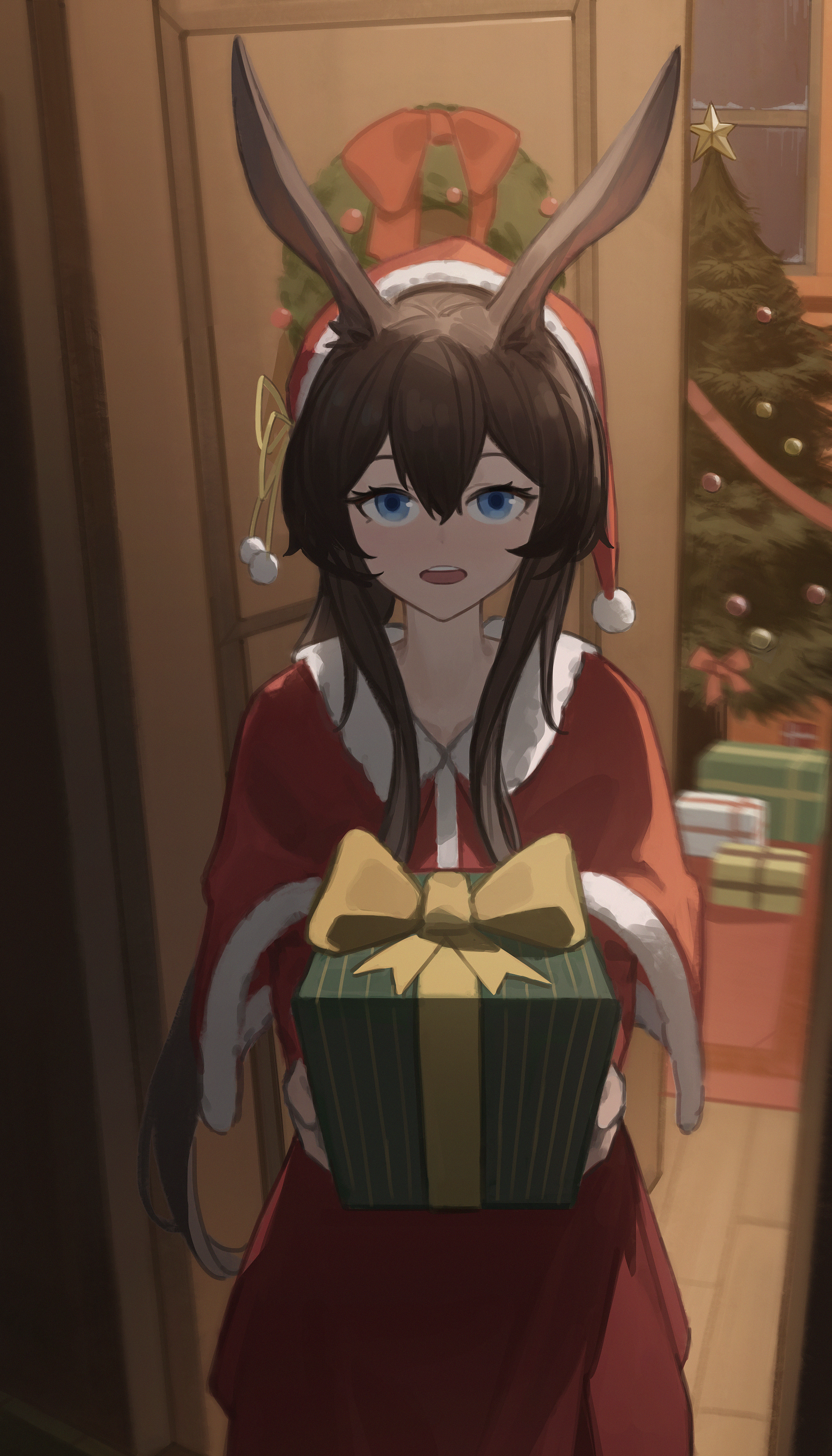 ivyelin, amiya (arknights), arknights, absurdres, commentary, highres, 1girl, :d, alternate costume, blue eyes, blurry, blurry background, box, brown hair, capelet, christmas, christmas present, christmas tree, cowboy shot, dated commentary, door, dress, fur-trimmed capelet, fur-trimmed headwear, fur trim, gift, gift box, hair between eyes, hat, holding, holding gift, incoming gift, long hair, long sleeves, looking at viewer, open mouth, red capelet, red dress, red hat, santa costume, santa dress, santa hat, smile, solo, standing, star (symbol), teeth, upper teeth only
