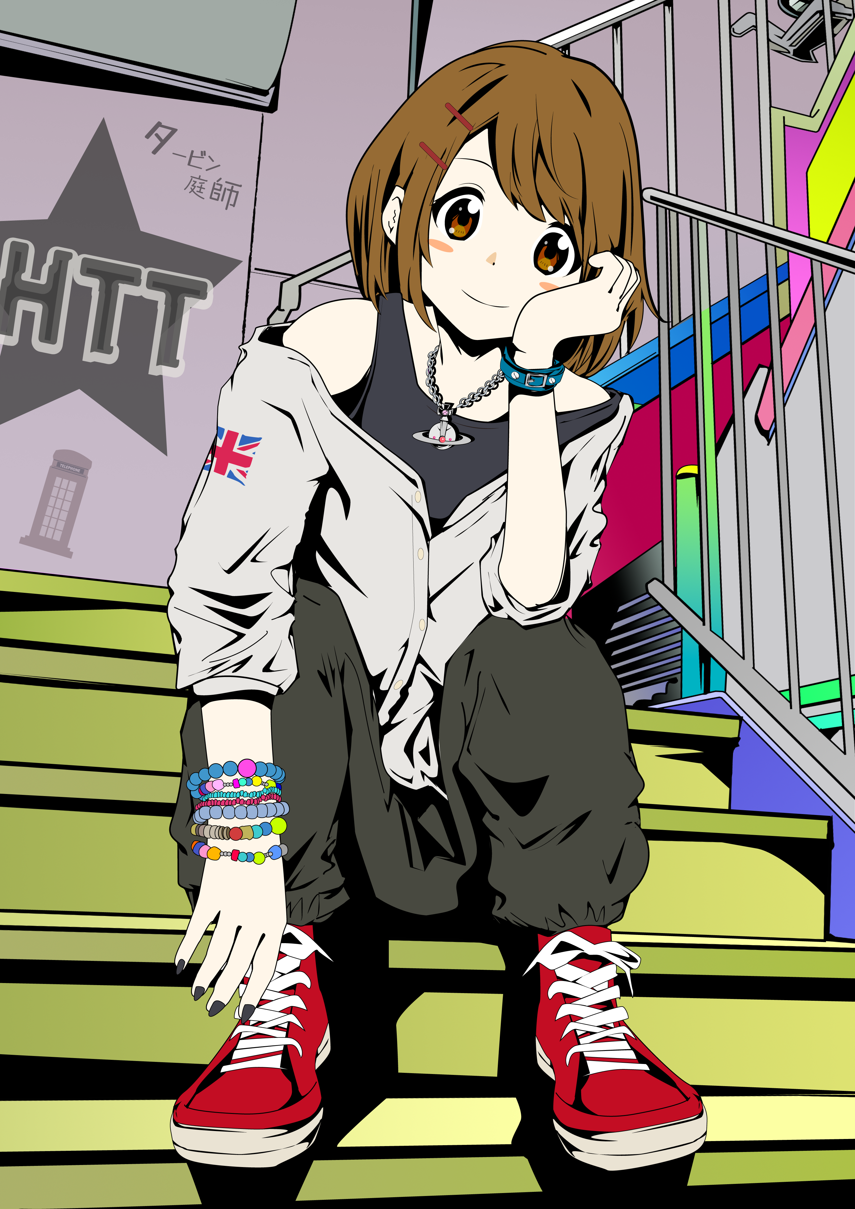 laika2slip, hirasawa yui, k-on!, absurdres, commentary request, highres, 1girl, black pants, black tank top, bracelet, brown eyes, brown hair, casual, closed mouth, hair ornament, hairclip, jewelry, looking at viewer, necklace, pants, railing, red shoes, shoes, short hair, sitting, sleeves rolled up, smile, sneakers, solo, stairs, tank top