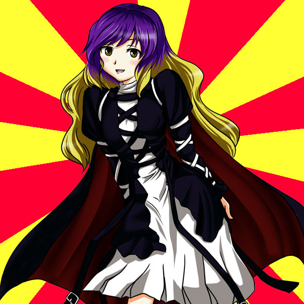 copycat (dryfood), hijiri byakuren, touhou, cropped, third-party edit, 1girl, cape, dress, female focus, gradient hair, long hair, macedonian flag, multicolored hair, solo, sunburst, yellow eyes