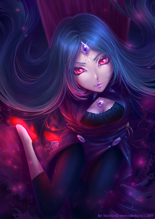 tagme, 1girl, blue hair, breasts, female focus, red eyes, sitting, solo