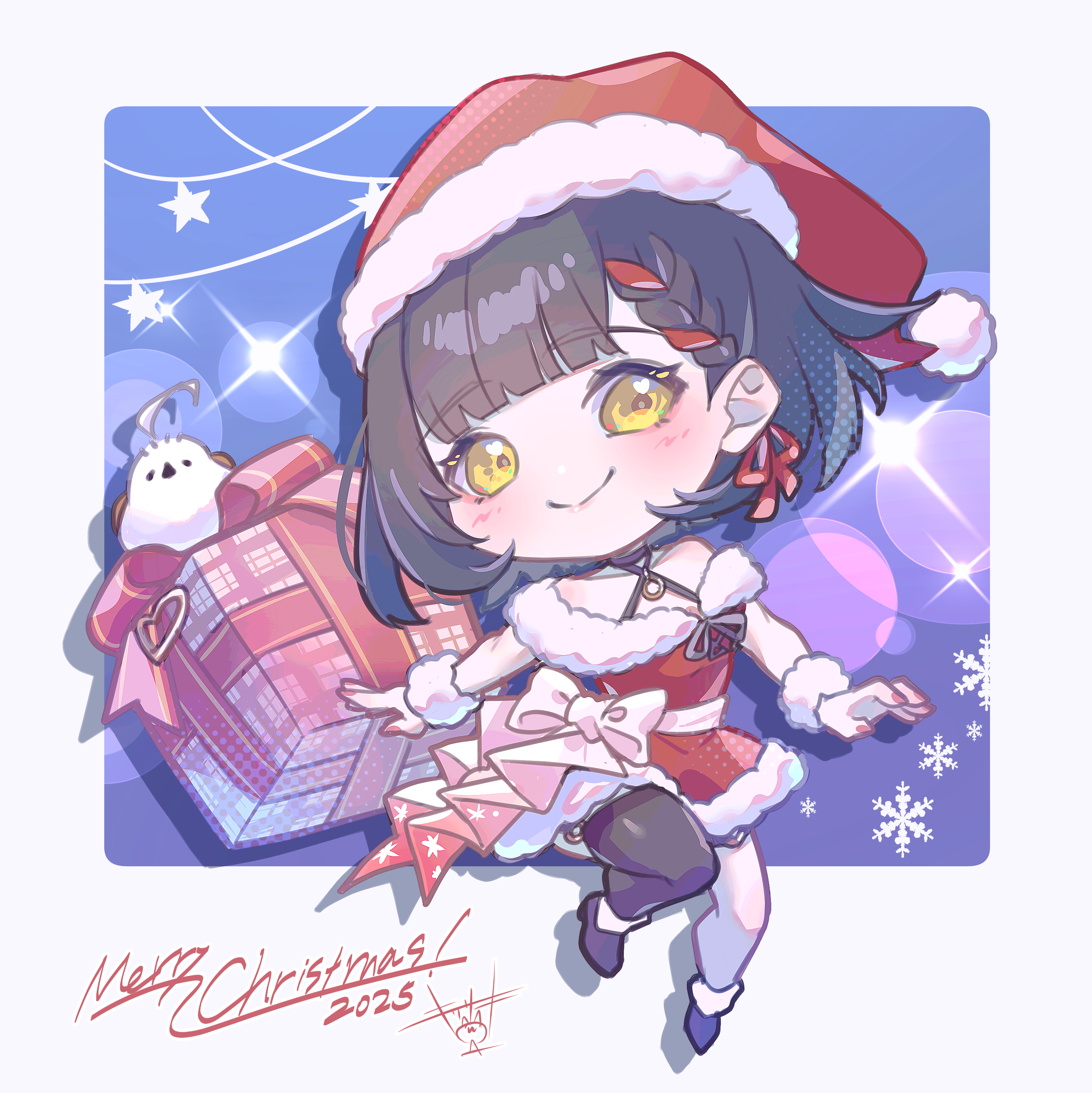 kirisaki nuko, absurdres, commentary request, highres, 1girl, 2025, bird, black hair, black thighhighs, blunt bangs, box, braid, chibi, chibi only, closed mouth, dress, fur-trimmed dress, fur-trimmed headwear, fur trim, gift, gift box, hair ribbon, hat, looking at viewer, merry christmas, off-shoulder dress, off shoulder, parerdemia gakuen, red dress, red hat, ribbon, ribbon braid, sakuraba una, santa costume, santa dress, santa hat, short dress, side braid, single thighhigh, smile, solo, thighhighs, virtual youtuber, white bird, yellow eyes