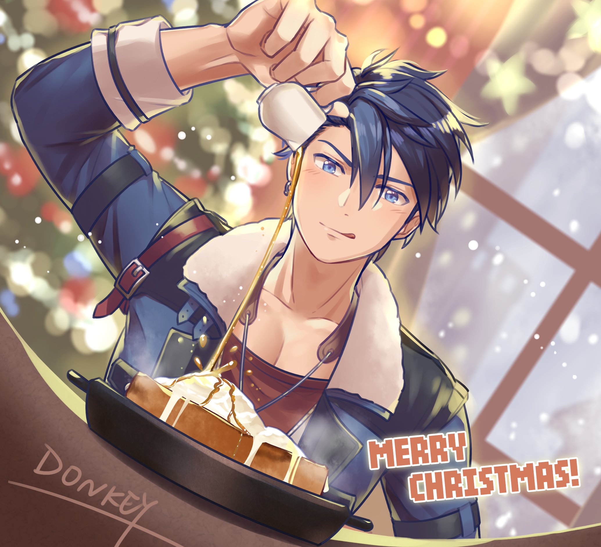 van arkride, eiyuu densetsu, kai no kiseki, kuro no kiseki (series), kuro no kiseki i, commentary request, highres, 1boy, aradonkey, artist name, blue coat, blue eyes, blue hair, christmas tree, coat, dessert, dog tags, fancy dessert, food, male focus, merry christmas, mullet, multicolored hair, simple background, snowing, two-tone hair
