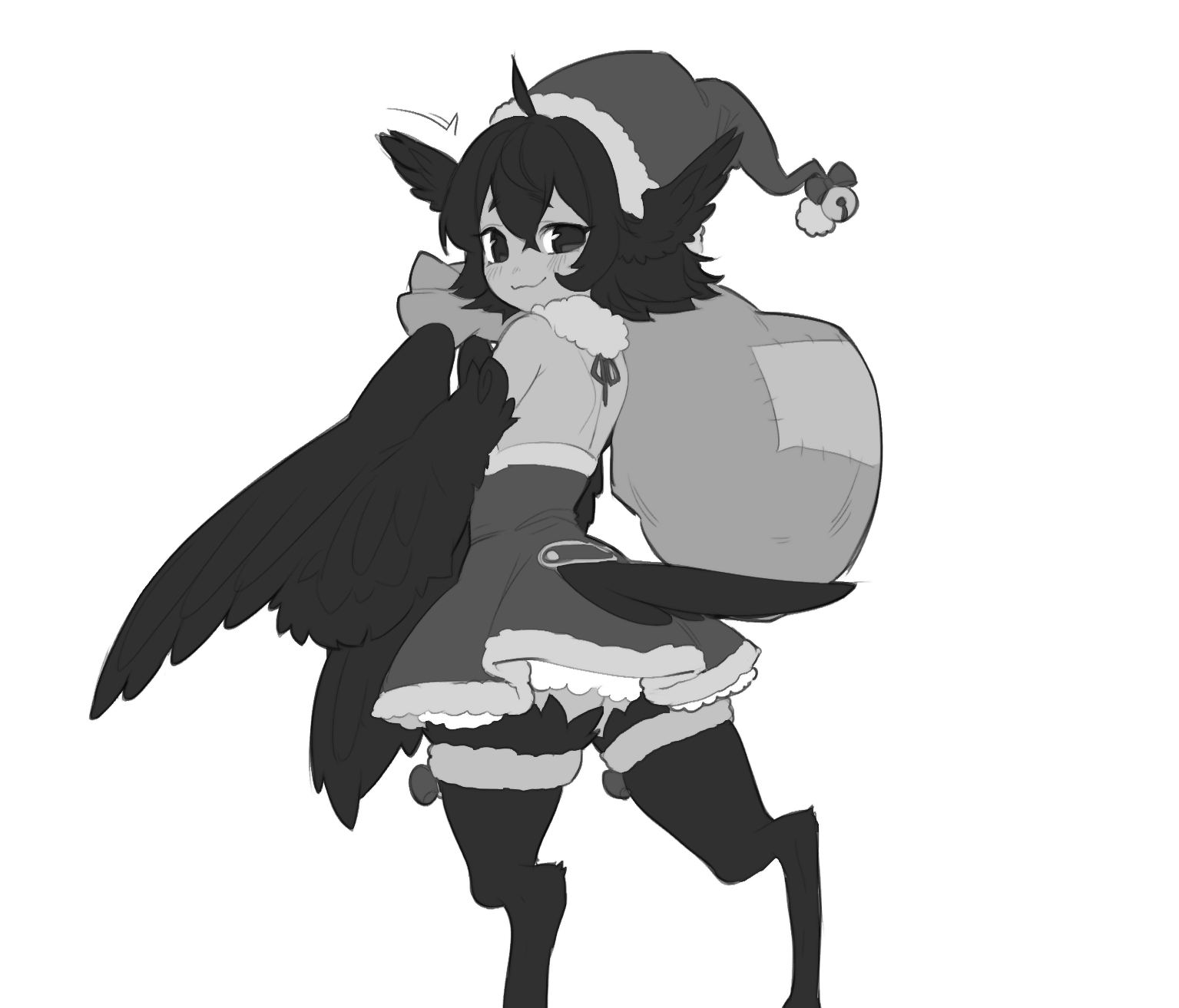 niniidawns, original, commentary, commission, commissioner upload, english commentary, highres, 1girl, :3, ahoge, bird, bird legs, crow, eclair (teuthidan), feather tail, harpy, hat, head wings, holding, holding sack, looking at viewer, looking back, monochrome, monster girl, sack, santa costume, santa hat, tail, winged arms, wings
