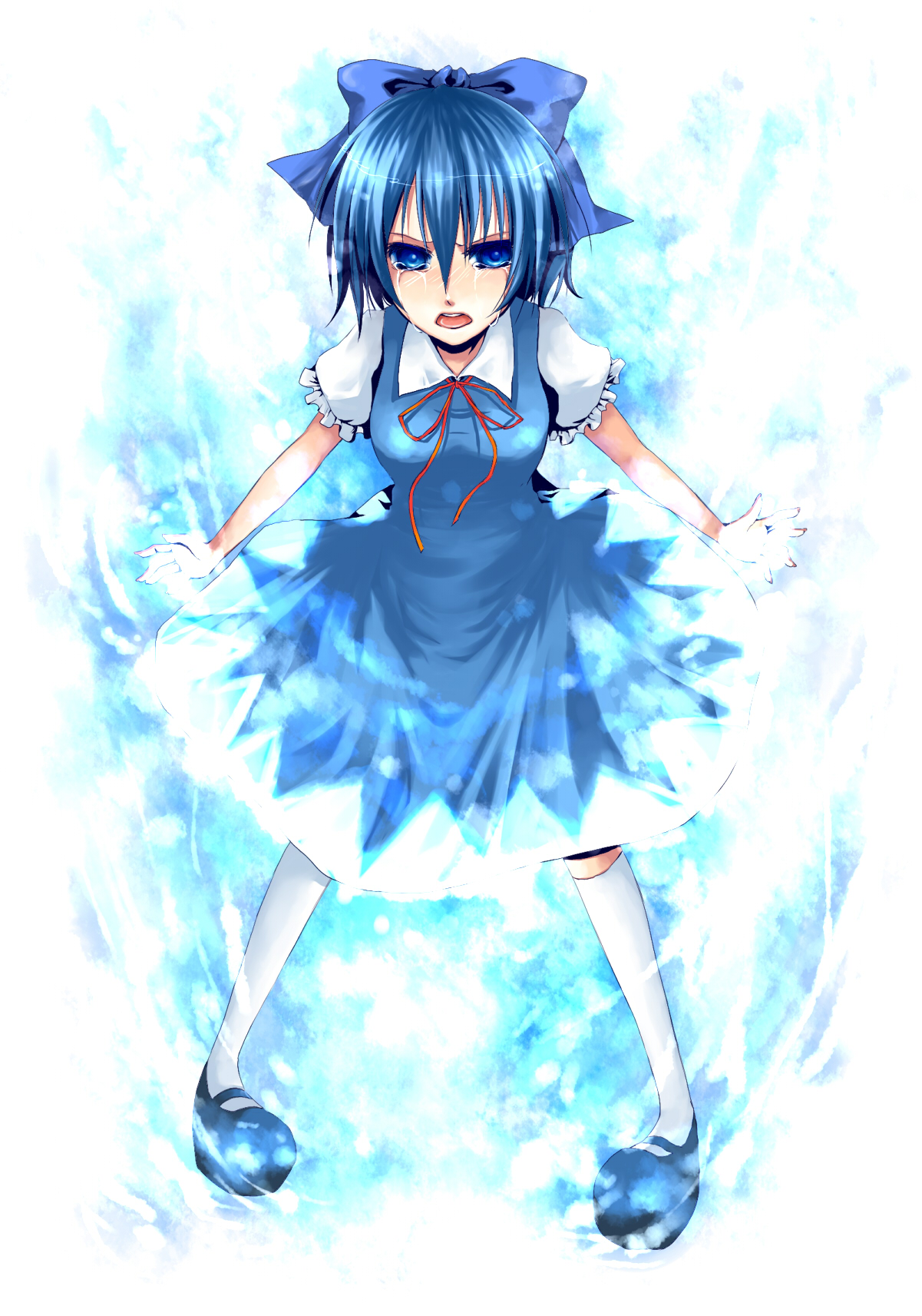 you zasshoku, cirno, embodiment of scarlet devil, touhou, bad id, bad pixiv id, highres, 1girl, black shoes, blouse, blue eyes, blue hair, bow, collared shirt, dress, female focus, full body, gradient background, hair between eyes, kneehighs, matching hair/eyes, open mouth, pinafore dress, shirt, shoes, sleeveless, sleeveless dress, socks, solo, tears, white shirt, white socks