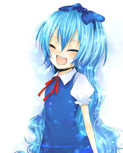 you zasshoku, cirno, embodiment of scarlet devil, touhou, bad id, bad pixiv id, 1girl, alternate hairstyle, blue hair, bow, closed eyes, female focus, long hair, open mouth, solo, very long hair