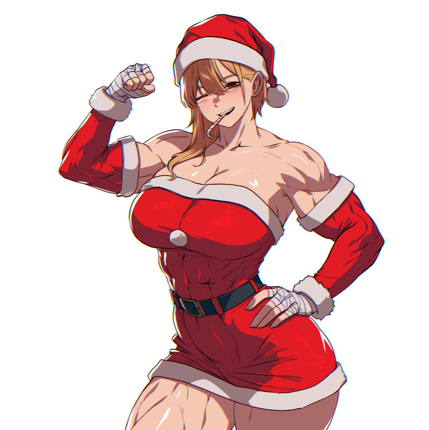 spoiledmuffin, original, commentary, english commentary, highres, 1girl, bandaged wrist, bandages, bare shoulders, belt, biting, black belt, blonde hair, breasts, brown eyes, candy, candy cane, christmas, cleavage, collarbone, covered abs, dress, food, hand on own hip, hand up, hat, large breasts, medium hair, muscular, muscular female, one eye closed, red dress, red sleeves, santa costume, santa dress, santa hat, sleeveless, sleeveless dress, thick thighs, thighs, white background