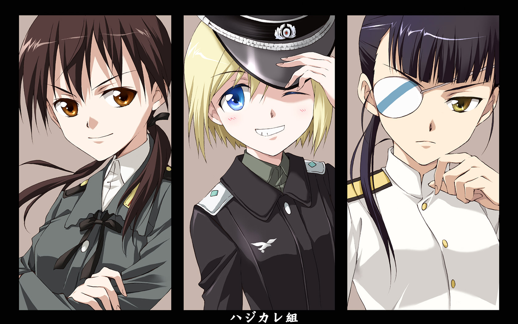 agahari, erica hartmann, gertrud barkhorn, sakamoto mio, strike witches, world witches series, bad id, bad pixiv id, highres, 00s, 3girls, blonde hair, brown eyes, brown hair, eyepatch, hat, multiple girls, short hair, twintails