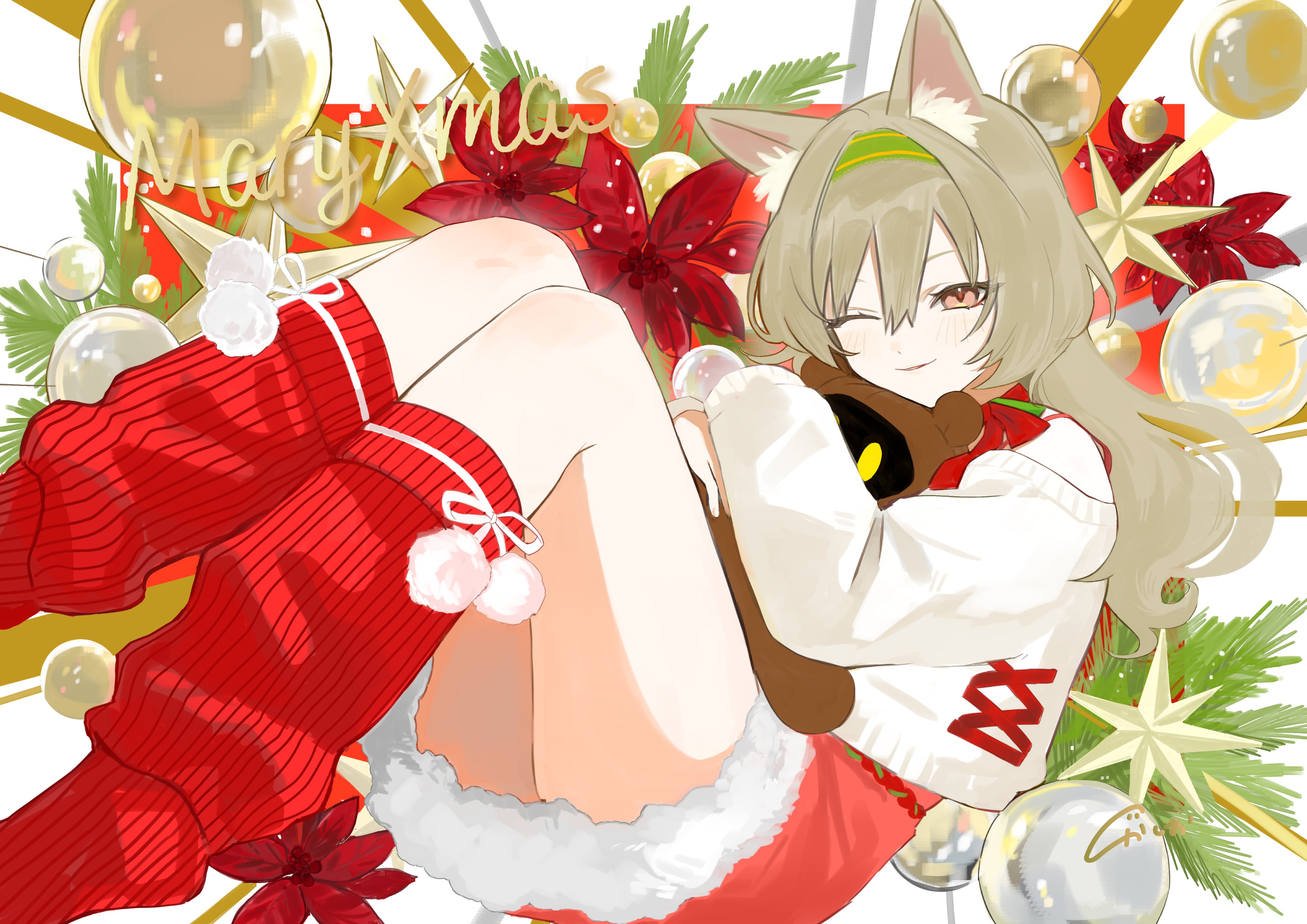 k-yosinori, beanstalk (arknights), arknights, absurdres, commentary, english commentary, highres, 1girl, animal ear fluff, animal ears, blush, brown hair, christmas, feet out of frame, fur-trimmed skirt, fur trim, green hairband, hair between eyes, hairband, holding, holding stuffed toy, leg warmers, long hair, long sleeves, merry christmas, one eye closed, red eyes, red leg warmers, red skirt, ribbed leg warmers, signature, skirt, smile, solo, stuffed animal, stuffed toy, sweater, white sweater