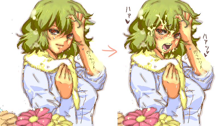 castella, kazami yuuka, touhou, 1girl, breasts, cum, cum on body, facial, female focus, flower, green hair, oekaki, red eyes, short hair, solo