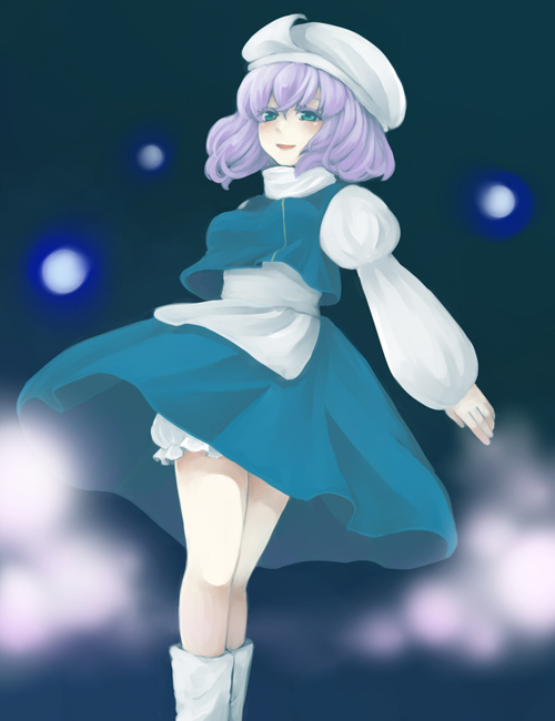 takosumi, letty whiterock, touhou, 1girl, aqua eyes, bloomers, blush, boots, bow, dress, female focus, glowing, gradient background, hair bow, hat, legs, long sleeves, open mouth, purple hair, short hair, smile, smoke, solo, underwear
