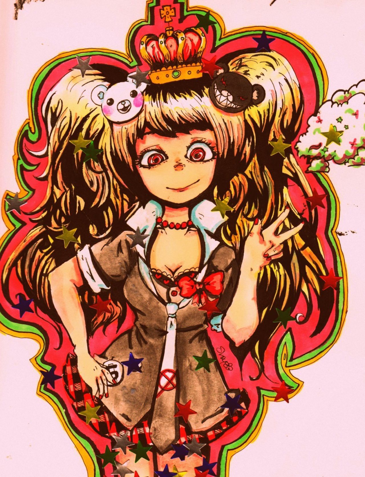 ghostandpals, enoshima junko, monokuma, danganronpa: trigger happy havoc, danganronpa (series), highres, third-party source, traditional media, 1girl, bead necklace, beads, black bra, black shirt, blonde hair, bow, bra, breasts, cleavage, cloud, collared shirt, crown, green outline, hand on own hip, heart, jewelry, necklace, necktie, outline, pink outline, red bow, red eyes, red skirt, shirt, short sleeves, signature, skirt, star (symbol), twintails, underwear, v