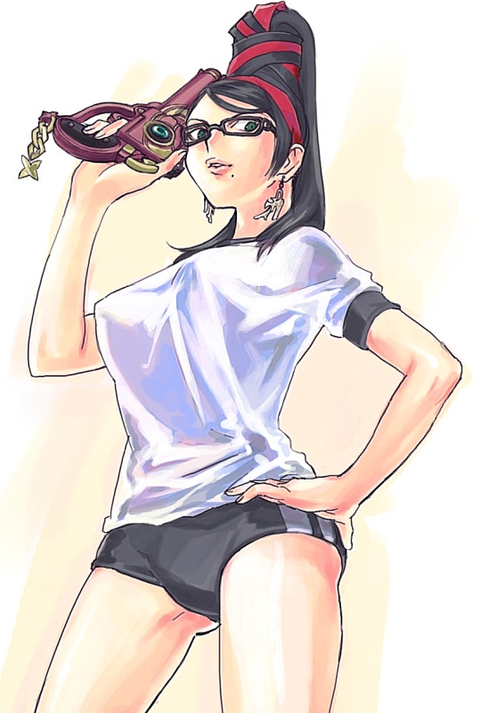 toriwasa, bayonetta, bayonetta (series), black hair, earrings, glasses, green eyes, gun, gym uniform, hair bun, jewelry, long hair, mole, red ribbon, ribbon, single hair bun, weapon