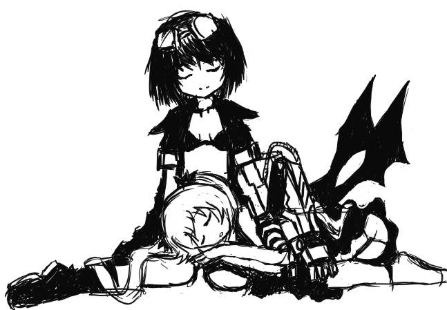 elise (madworld), jack cayman, madworld, sega, gender request, 2girls, closed eyes, genderswap, jacket, monochrome, multiple girls, sleeping