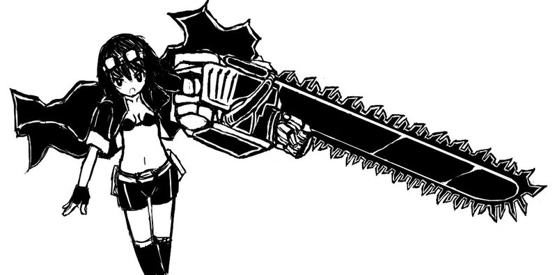 jack cayman, madworld, sega, gender request, chainsaw, genderswap, goggles, jacket, midriff, monochrome