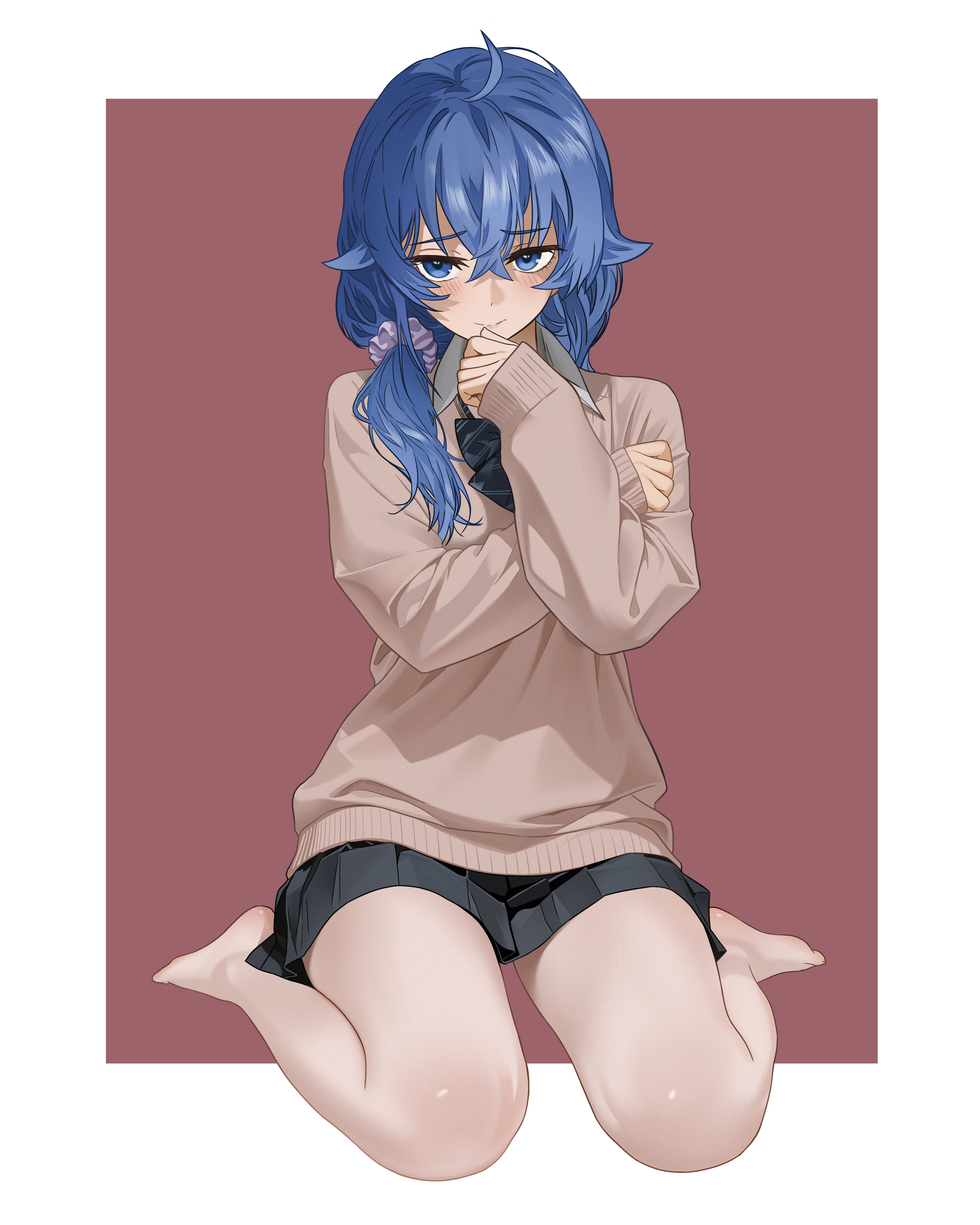 jmx (j m x), roxy migurdia, mushoku tensei, absurdres, commentary request, highres, 1girl, ahoge, black bow, black bowtie, blue eyes, blue hair, blush, bow, bowtie, long hair, looking at viewer, no shoes, pleated skirt, shirt, sitting, skirt, solo, sweater, wariza, white shirt