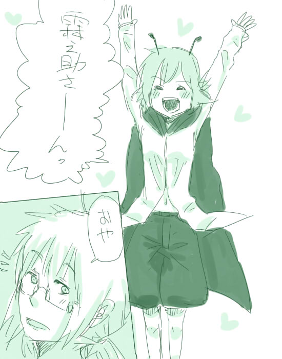 junda, morichika rinnosuke, wriggle nightbug, touhou, translated, 1boy, 1girl, antennae, blush, comic, glasses, green hair, green theme, heart, hetero, japanese clothes, monochrome, short hair