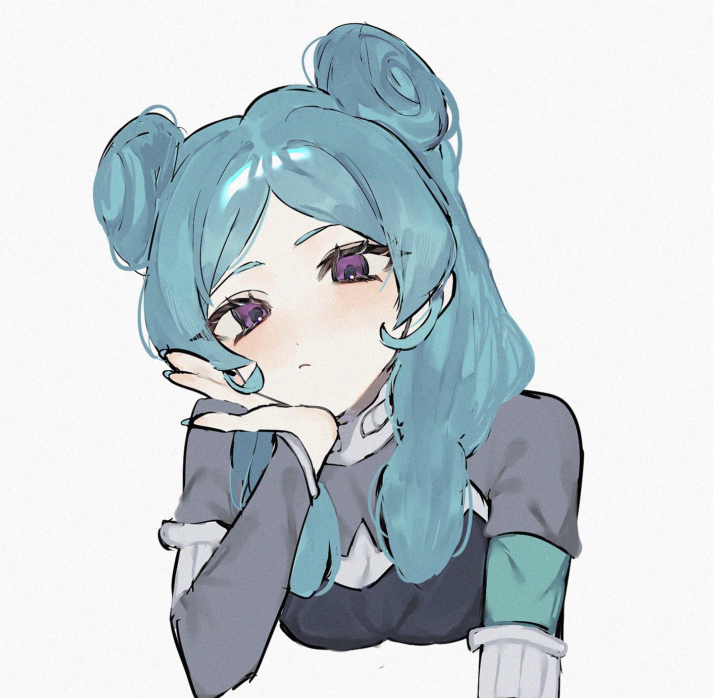 beta (inazuma eleven), inazuma eleven (series), inazuma eleven go, inazuma eleven go chrono stone, commentary, highres, 1girl, aqua hair, blue nails, bodysuit, buaymiya 01, double bun, grey bodysuit, hair bun, head rest, light blush, long hair, looking at viewer, purple eyes, solo, white background