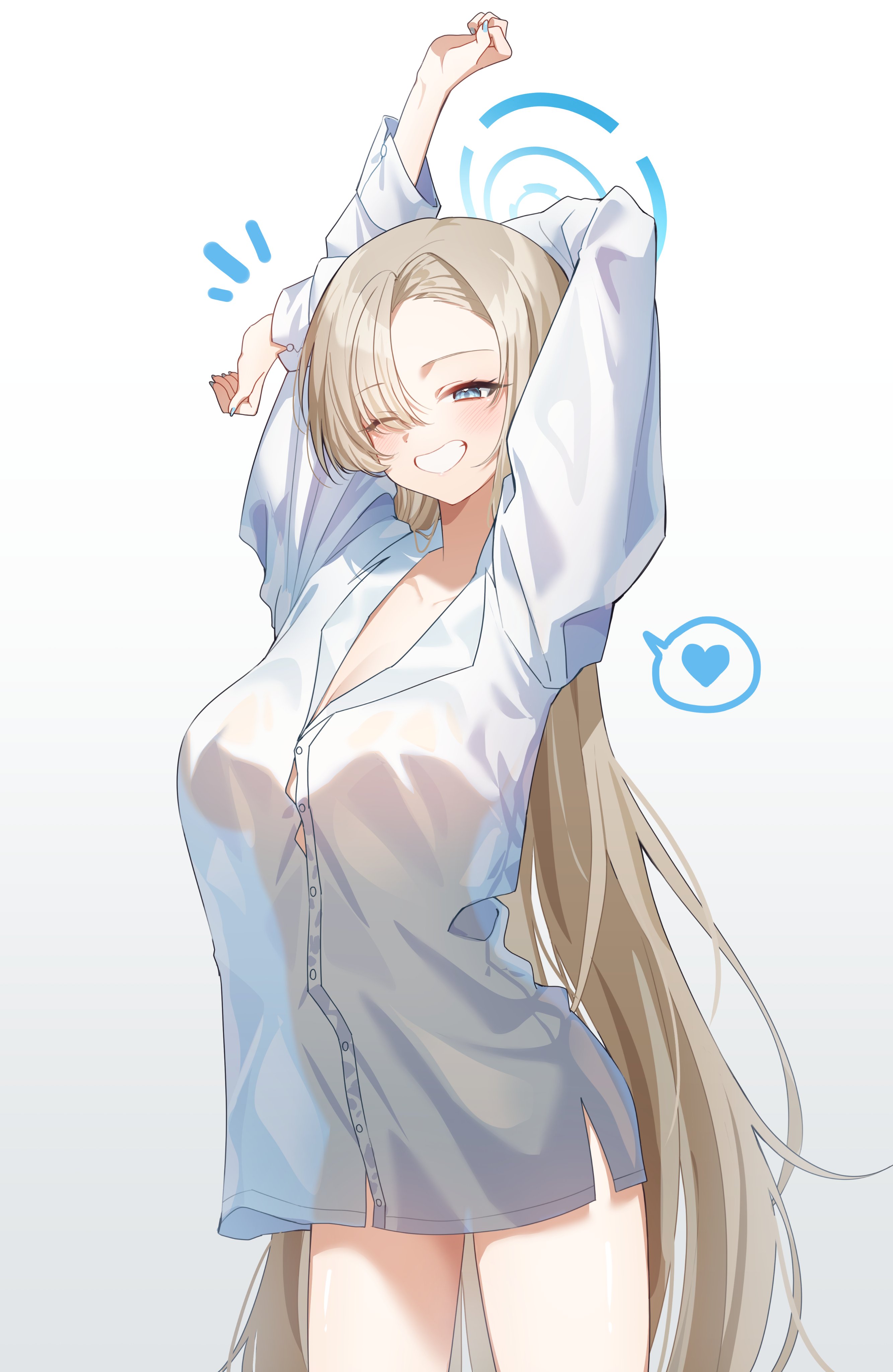 lovelykirby 125, asuna (blue archive), blue archive, absurdres, commentary request, highres, 1girl, asymmetrical bangs, blonde hair, blue halo, breasts, cleavage, cowboy shot, fingernails, grin, hair over one eye, halo, heart, large breasts, long hair, nail polish, no pants, one eye closed, shirt, simple background, smile, solo, spoken heart, standing, stretching, very long hair, white background, white shirt