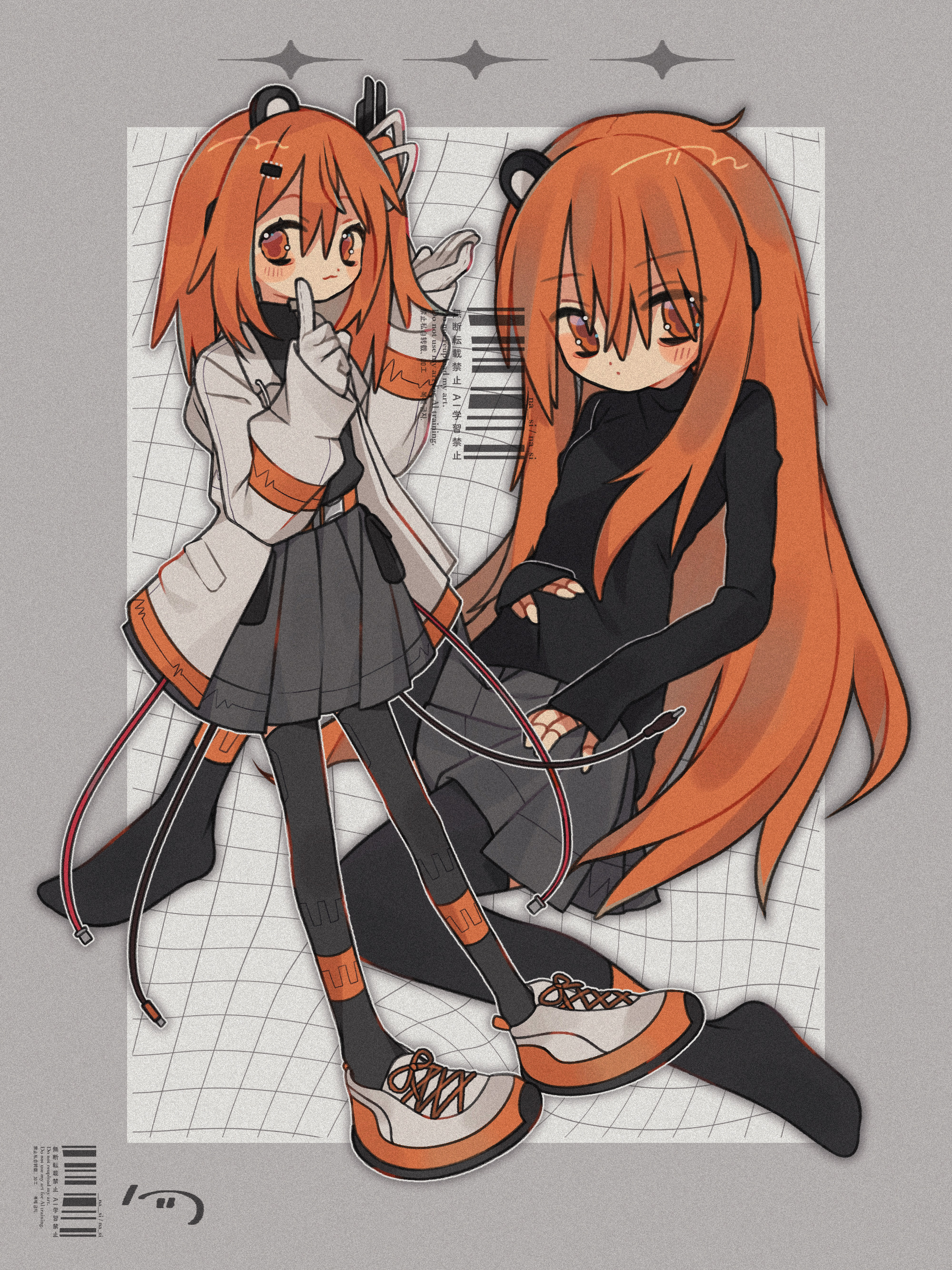 nasi (na si), adachi rei, a.i. voice, utau, absurdres, highres, 1girl, alternate hair length, alternate hairstyle, barcode, belt pouch, black pantyhose, black shirt, border, cable, closed mouth, full body, gloves, grey border, grey skirt, grid background, headlamp, jacket, long hair, long sleeves, looking at viewer, medium hair, miniskirt, multiple views, no gloves, no jacket, no shoes, open clothes, open jacket, orange eyes, orange hair, pantyhose, pleated skirt, pouch, radio antenna, shirt, shoes, sitting, skirt, sleeves past wrists, sneakers, standing, watermark, white gloves, white jacket, white shoes