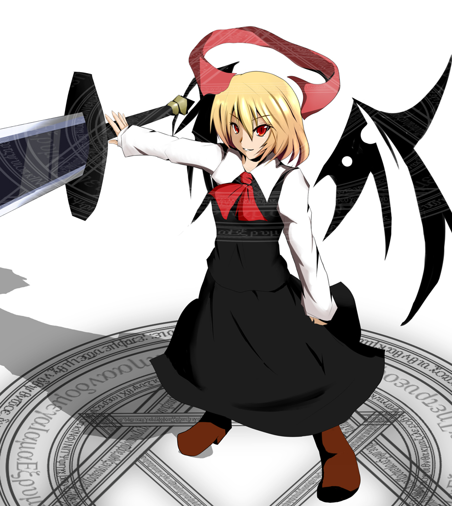 fuoco, ex-rumia, rumia, embodiment of scarlet devil, the iron of yin and yang, touhou, 1girl, 3d, blonde hair, dress, female focus, full body, hair ribbon, magic circle, red eyes, ribbon, shadow, short hair, solo, sword, weapon, white background, wings