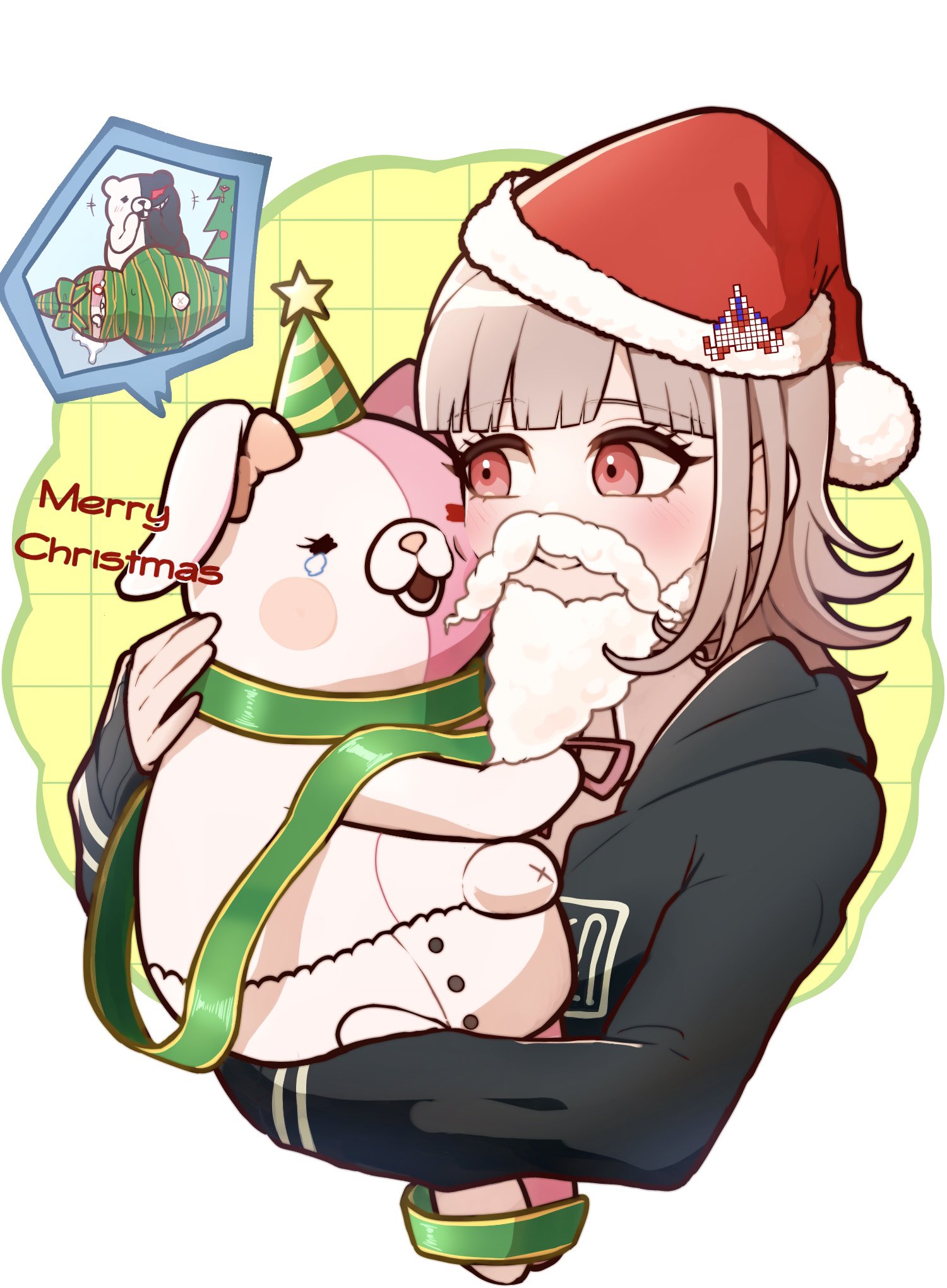 kirin (suzoke 1), monomi (danganronpa), nanami chiaki, danganronpa (series), danganronpa 2: goodbye despair, commentary request, highres, 1girl, brown hair, flipped hair, hair ornament, jacket, long sleeves, medium hair, pink eyes, shirt, white shirt