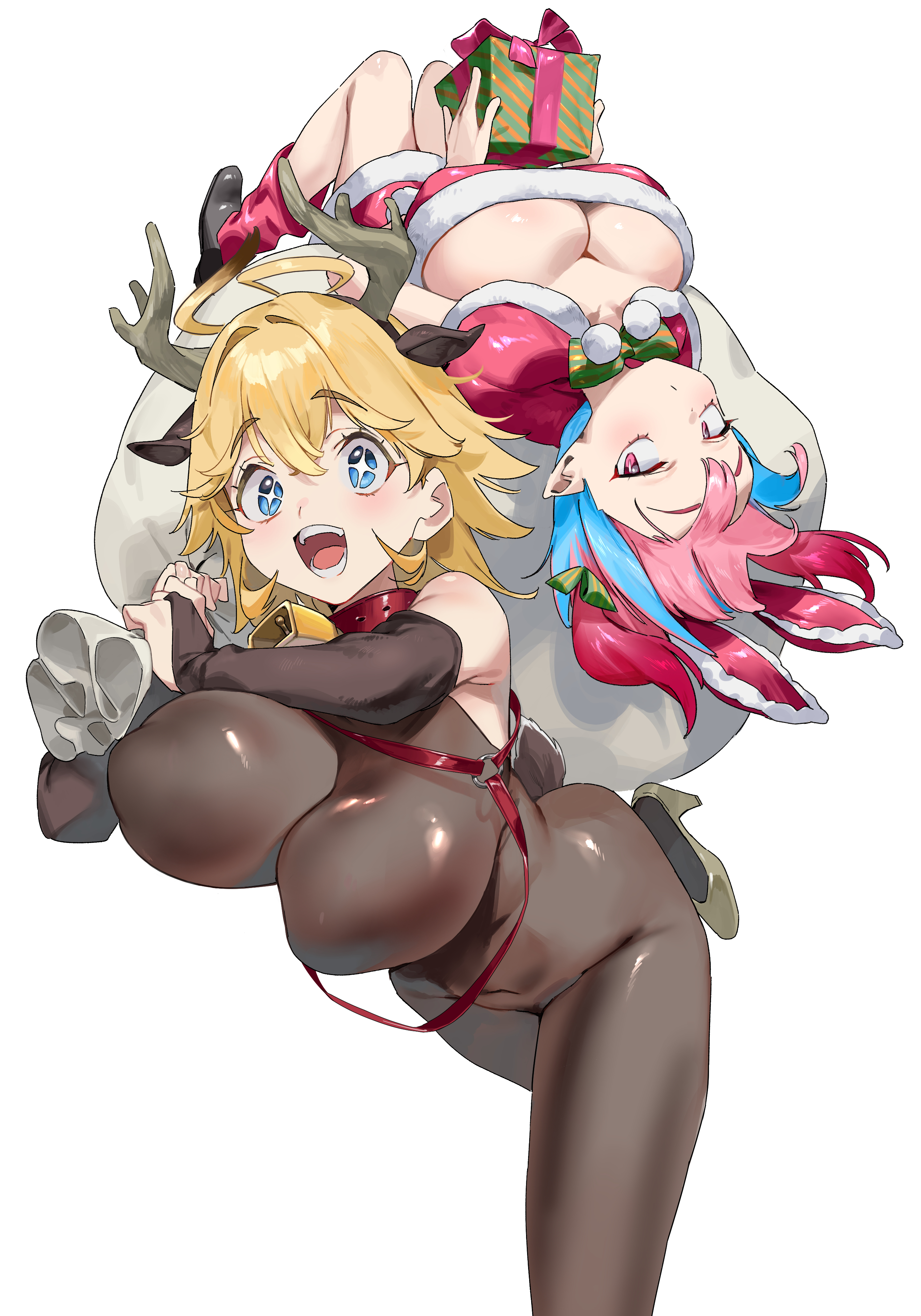 nonco, jeanne (kanan-sama), kanan (kanan-sama), kanan-sama wa akumade choroi, absurdres, commentary request, highres, + +, 2girls, :d, ahoge, antlers, bell, black bodysuit, blonde hair, blue eyes, blue hair, bodysuit, breasts, christmas, cleavage, collar, covered navel, cowbell, fake antlers, gift, high heels, holding, holding gift, horns, large breasts, medium hair, multicolored hair, multiple girls, neck bell, open mouth, pink eyes, pink hair, pointy ears, reindeer antlers, santa costume, smile, two-tone hair