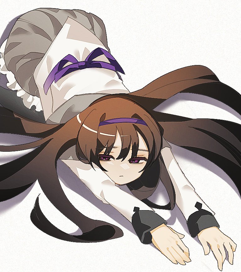 sisumarisa, akemi homura, mahou shoujo madoka magica, mahou shoujo madoka magica: walpurgis no kaiten, commentary request, black hair, black pantyhose, dress, feet out of frame, from above, grey skirt, hairband, long hair, long sleeves, looking at viewer, pantyhose, purple hairband, simple background, skirt, stretching, white background, white dress