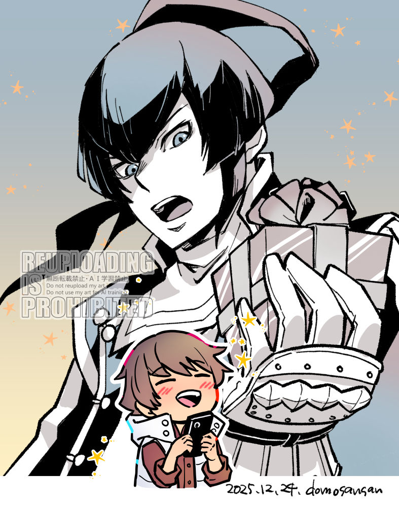 shinabita nasubi, comp (megami tensei), flynn (megami tensei), shin megami tensei, shin megami tensei: liberation dx2, shin megami tensei iv, commentary, symbol-only commentary, 2boys, artist name, ascot, black coat, black hair, blue background, blue eyes, blue hair, brown hair, cellphone, chibi, chibi inset, christmas, closed eyes, coat, dated, gauntlets, gift, holding, holding gift, holding phone, in-franchise crossover, jacket, long hair, looking at viewer, male focus, male protagonist (smt ldx2), multiple boys, open clothes, open jacket, open mouth, phone, ponytail, red shirt, shirt, short hair, smartphone, star (symbol), teeth, upper teeth only, watermark, white ascot, white jacket, yellow background