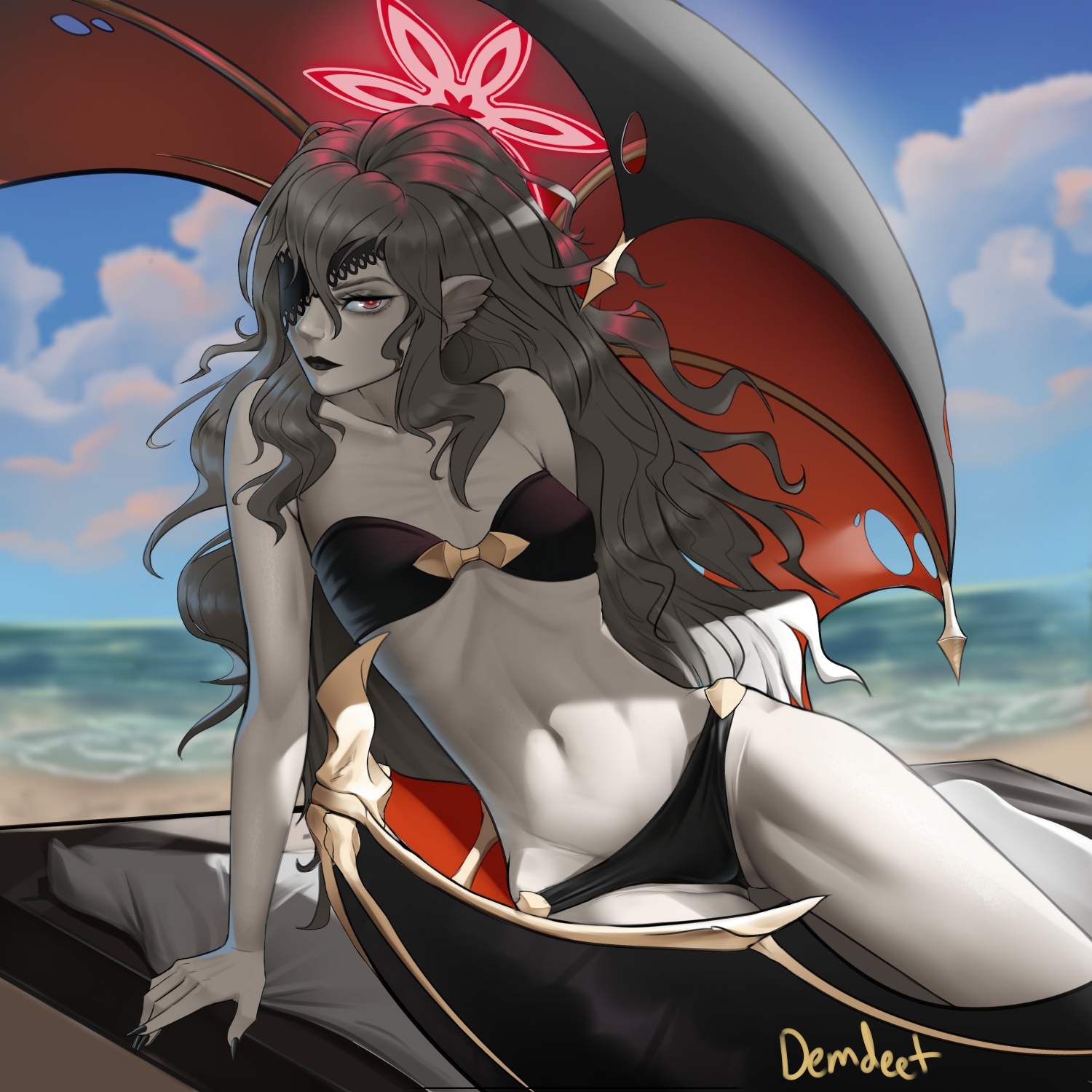 demdeet, embla (fire emblem), sommie (fire emblem), fire emblem, fire emblem heroes, nintendo, commentary, english commentary, highres, 1girl, alternate costume, animal ears, bare arms, bare legs, bare shoulders, bat ears, bat wings, bikini, black bikini, black lips, black nails, breasts, cloud, eyepatch, gluteal fold, lace-trimmed eyepatch, long hair, looking at viewer, messy hair, ocean, outdoors, red eyes, skinny, sky, small breasts, solo, swimsuit, thighs, white hair, wings