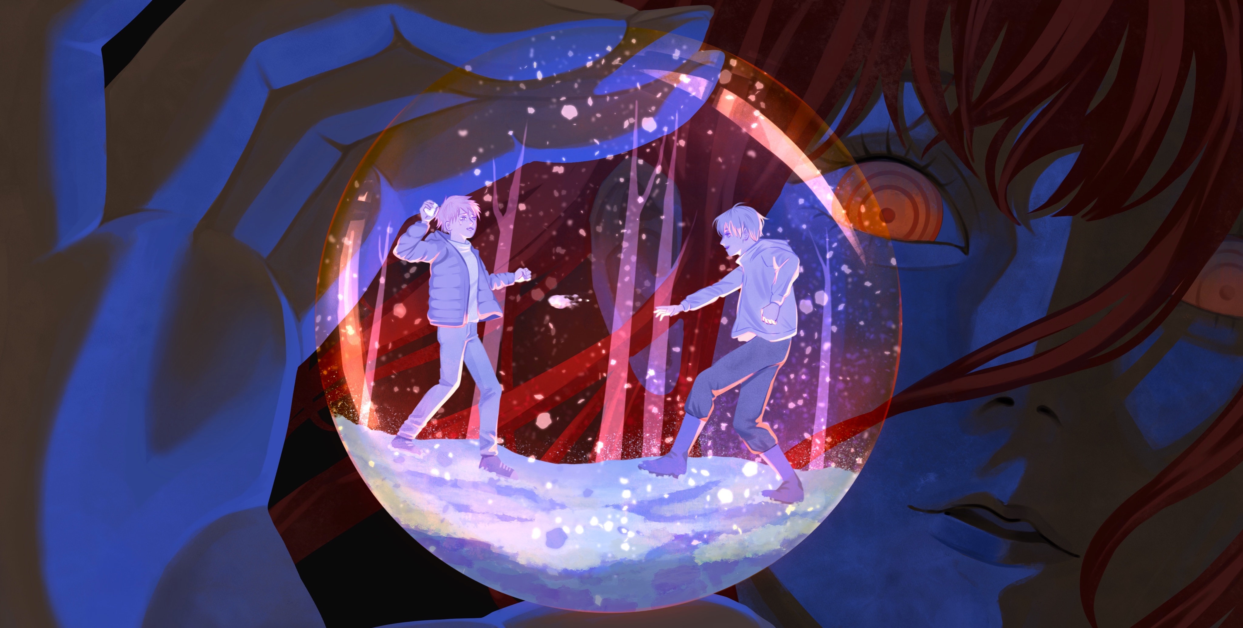 domiiomii, denji (chainsaw man), hayakawa aki, makima (chainsaw man), chainsaw man, absurdres, commentary, english commentary, highres, @ @, blonde hair, hair between eyes, limited palette, looking at another, orange eyes, parted lips, red hair, short hair, snow, snow globe, snowball, snowball fight, snowing, tree