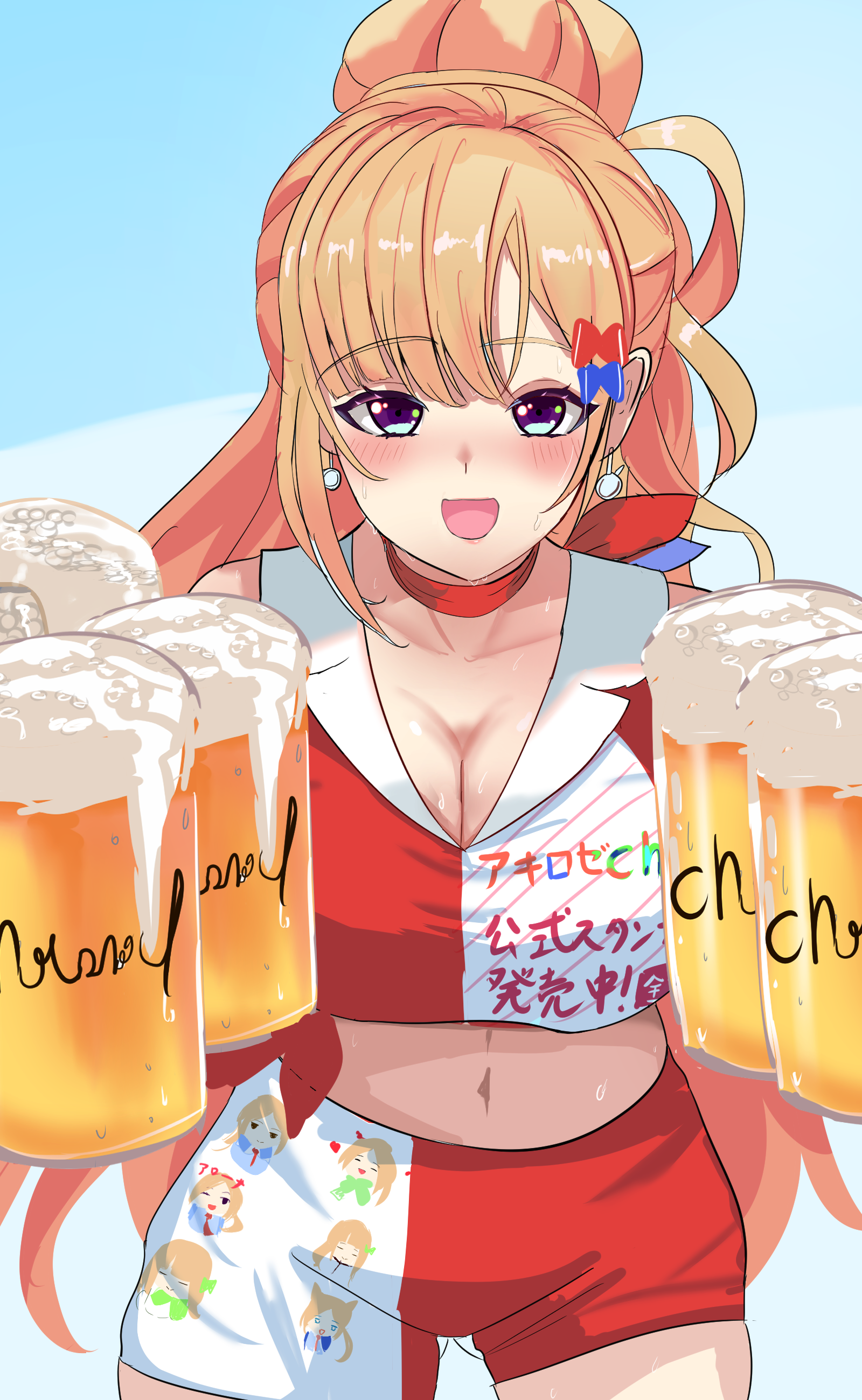 kurogomatcha, aki rosenthal, hololive, absurdres, commentary request, highres, 1girl, aki rosenthal (7th costume), beer mug, blonde hair, blush, breasts, cleavage, cropped shirt, cup, green eyes, hair ornament, holding, holding cup, large breasts, letter hair ornament, long hair, looking at viewer, mug, multicolored shoes, navel, open mouth, ponytail, red shirt, red shorts, shirt, shorts, smile, solo, two-tone shirt, two-tone shorts, virtual youtuber, white shirt, white shorts