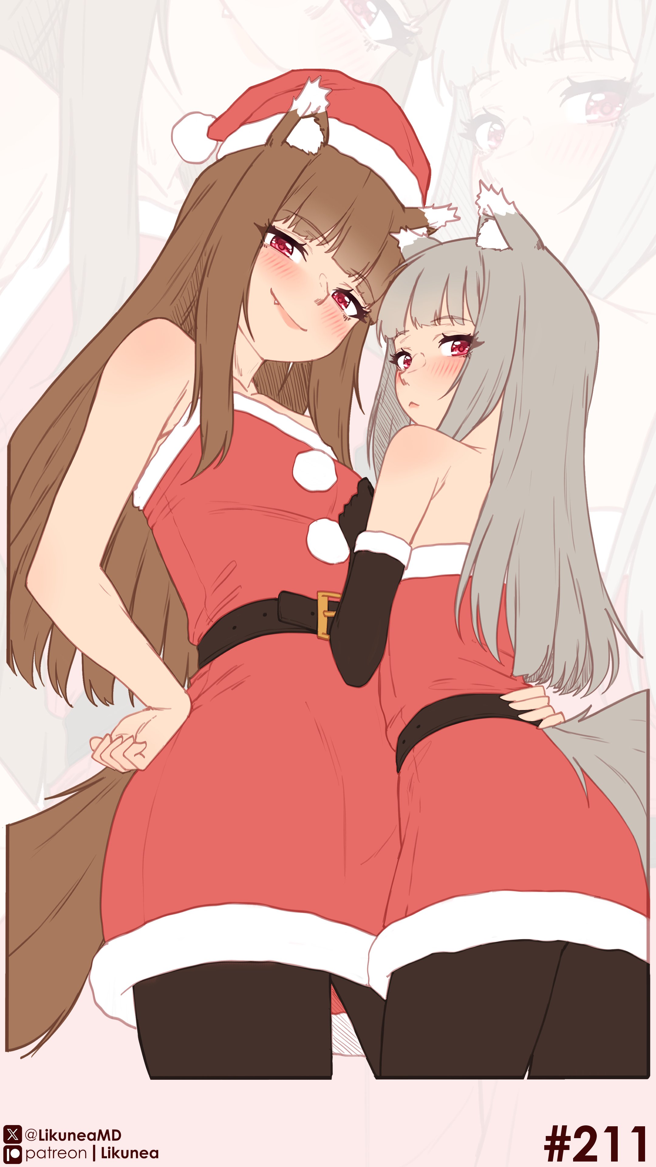likunea, holo, myuri (spice and wolf), spice and wolf, absurdres, commentary, english commentary, highres, 2girls, animal ears, bare shoulders, belt, black belt, blush, breasts, brown hair, dress, grey hair, hat, long hair, mother and daughter, multiple girls, patreon logo, patreon username, red dress, red eyes, santa costume, santa dress, santa hat, sidelocks, simple background, small breasts, smile, tail, twitter username, twitter x logo, wolf ears, wolf girl, wolf tail, zoom layer