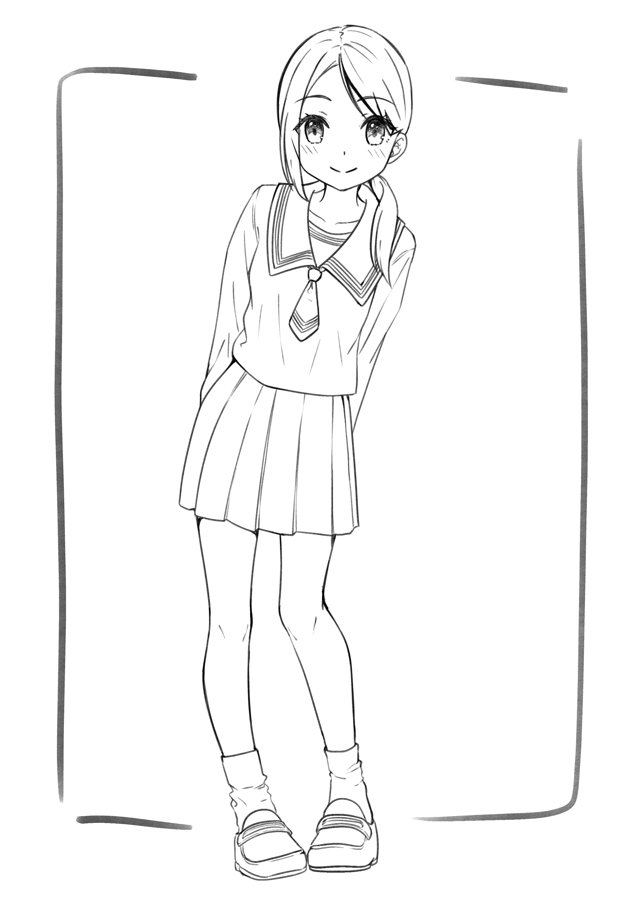 negimiso1989, original, absurdres, commentary request, highres, 1girl, ankle socks, arms behind back, blush, border, dot nose, forehead, full body, lineart, looking at viewer, monochrome, necktie, outside border, pleated skirt, ponytail, sailor collar, school uniform, serafuku, shoes, simple background, single sidelock, skirt, smile, socks, solo, standing, white background