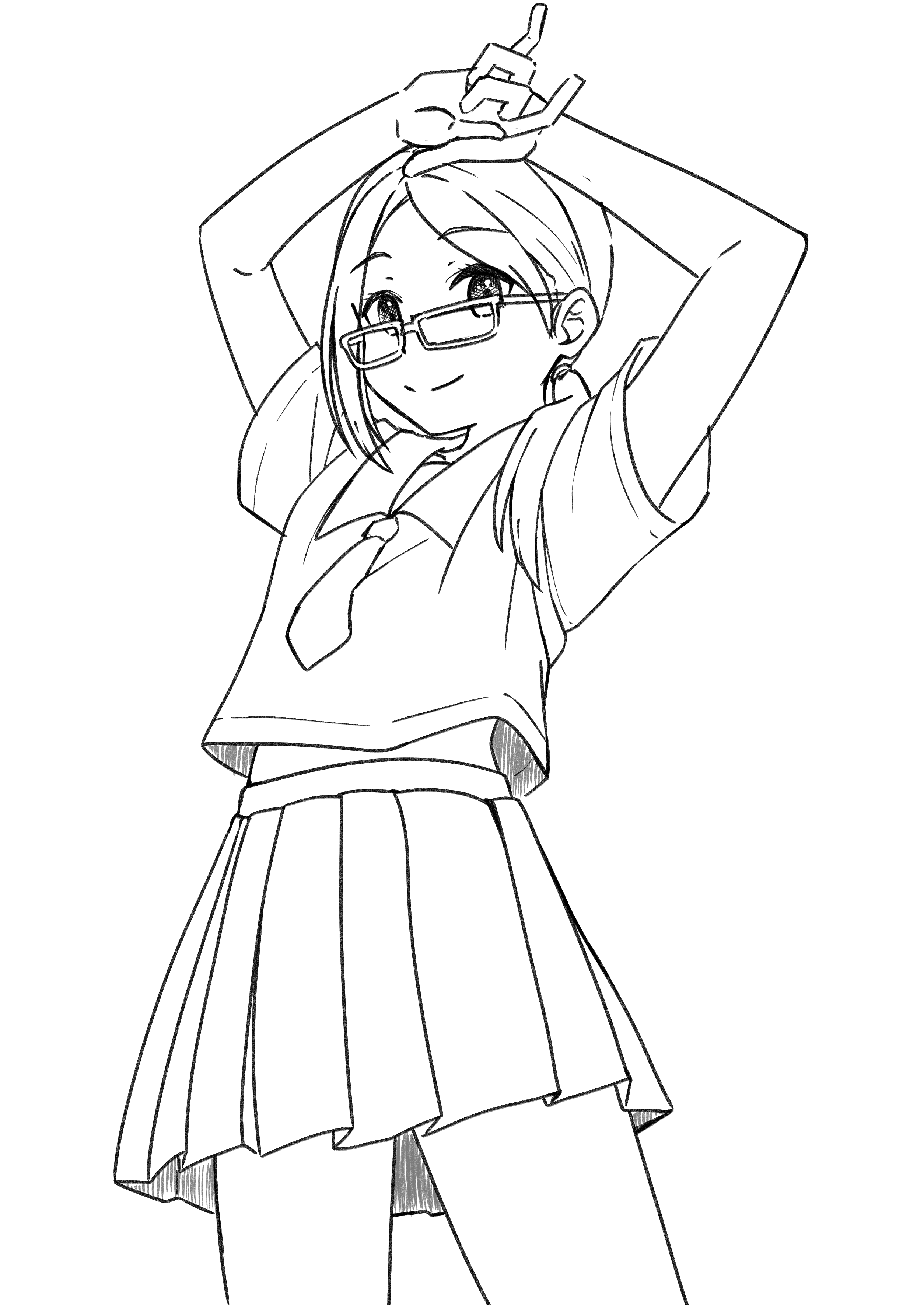 negimiso1989, original, absurdres, commentary request, highres, 1girl, arms bound above head, arms up, blush, cowboy shot, dot nose, forehead, glasses, lineart, looking at viewer, midriff, monochrome, necktie, pleated skirt, ponytail, sailor collar, school uniform, serafuku, simple background, single sidelock, skirt, smile, solo, standing, white background