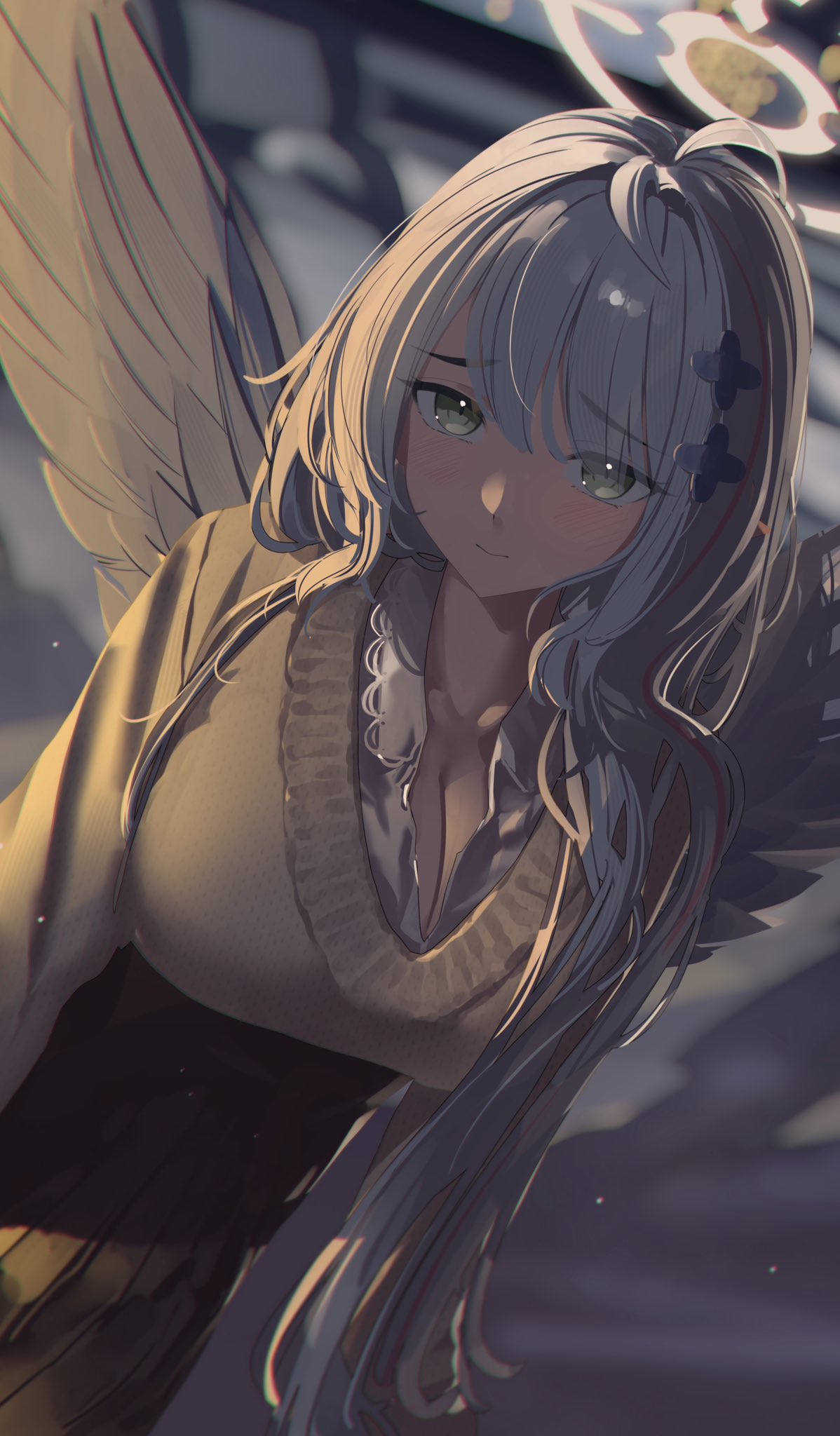 tamagore, mine (blue archive), blue archive, commentary, highres, 1girl, alternate costume, angel wings, black skirt, blue hair, blue wings, blurry, blurry background, blush, breasts, cleavage, collared shirt, dark, dutch angle, feathered wings, green eyes, hair ornament, hair over shoulder, halo, large breasts, long hair, looking at viewer, pointy ears, shirt, skirt, snowing, solo, sweater, white shirt, wings, yellow halo, yellow sweater