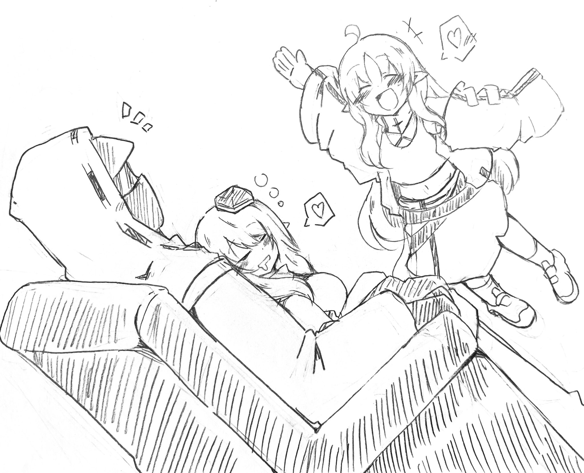 oni tengu, doctor (arknights), durin (arknights), myrtle (arknights), arknights, commentary, graphite (medium), highres, traditional media, 1other, 2girls, ahoge, alternate breast size (larger), blush, breasts, chair, couch, drooling, dwarf, feet out of frame, gloves, hand on chair, hand up, hat, hatching (texture), heart, jacket, large breasts, mouth drool, multiple girls, navel, open clothes, open jacket, open mouth, oversized clothes, pointy ears, shoes, skirt, sleeping, sleeping on person, small breasts, smile, socks, speech bubble, spoken heart, squeans, wide sleeves