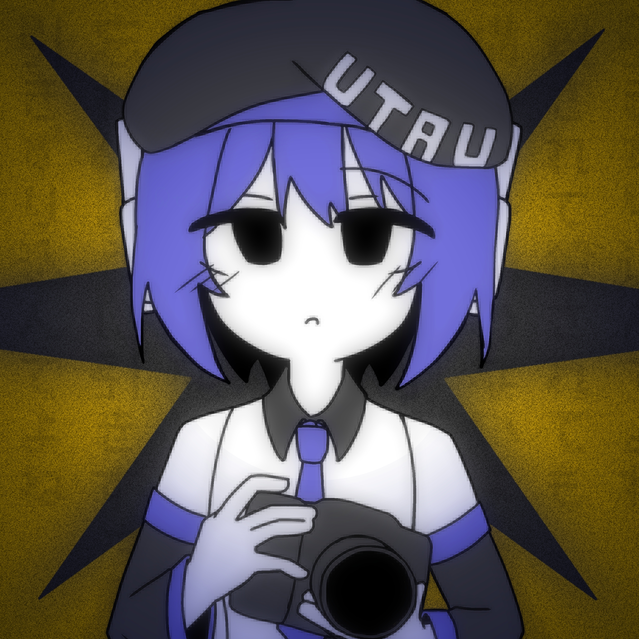 utane uta, utau, commentary, highres, 1girl, beret, black hat, camera, closed mouth, collared shirt, detached sleeves, hat, holding, holding camera, long sleeves, looking at viewer, necktie, purple hair, purple necktie, shirt, solo, straight-on, tsuki no suna (tt ri ut), upper body