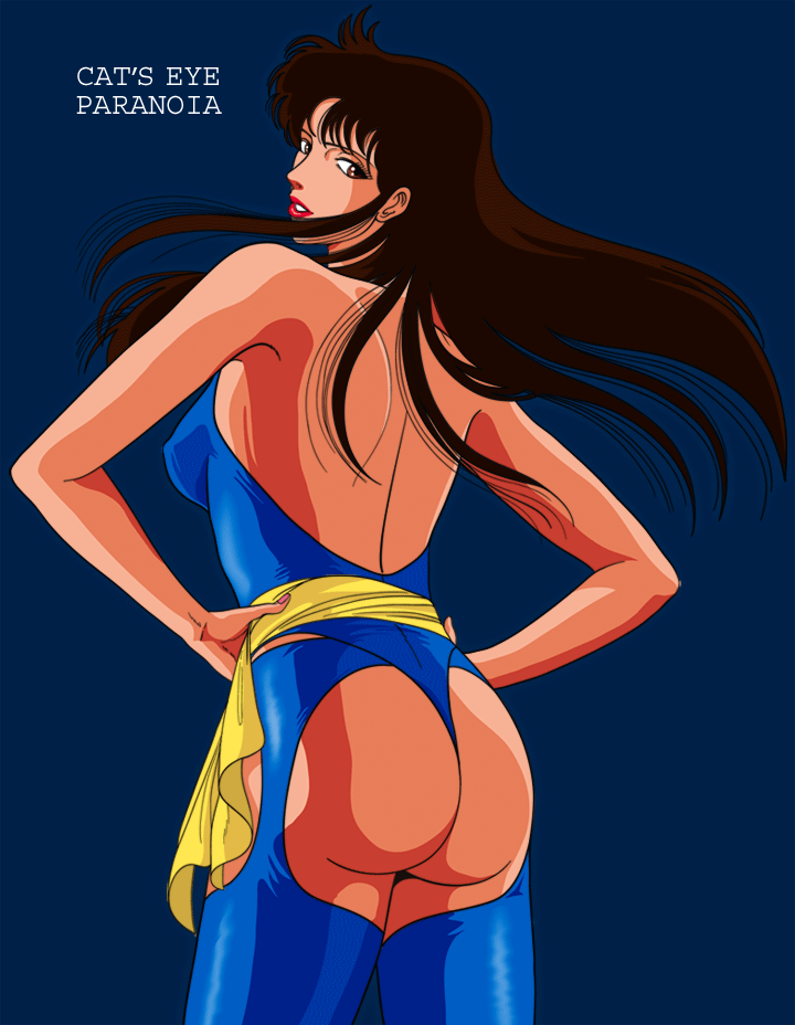 kisugi hitomi, cat's eye, 1980s (style), tagme, 1girl, ass, female focus, lipstick, looking at viewer, looking back, makeup, retro artstyle, solo, standing