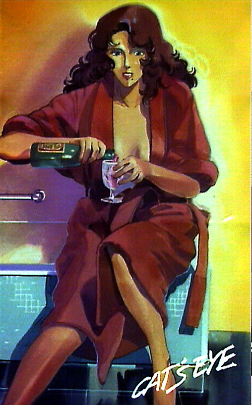 kisugi rui, cat's eye, 1980s (style), tagme, 1girl, alcohol, bare legs, bathrobe, breasts, cleavage, female focus, lipstick, looking at viewer, makeup, mole, mole under mouth, retro artstyle, solo, teeth