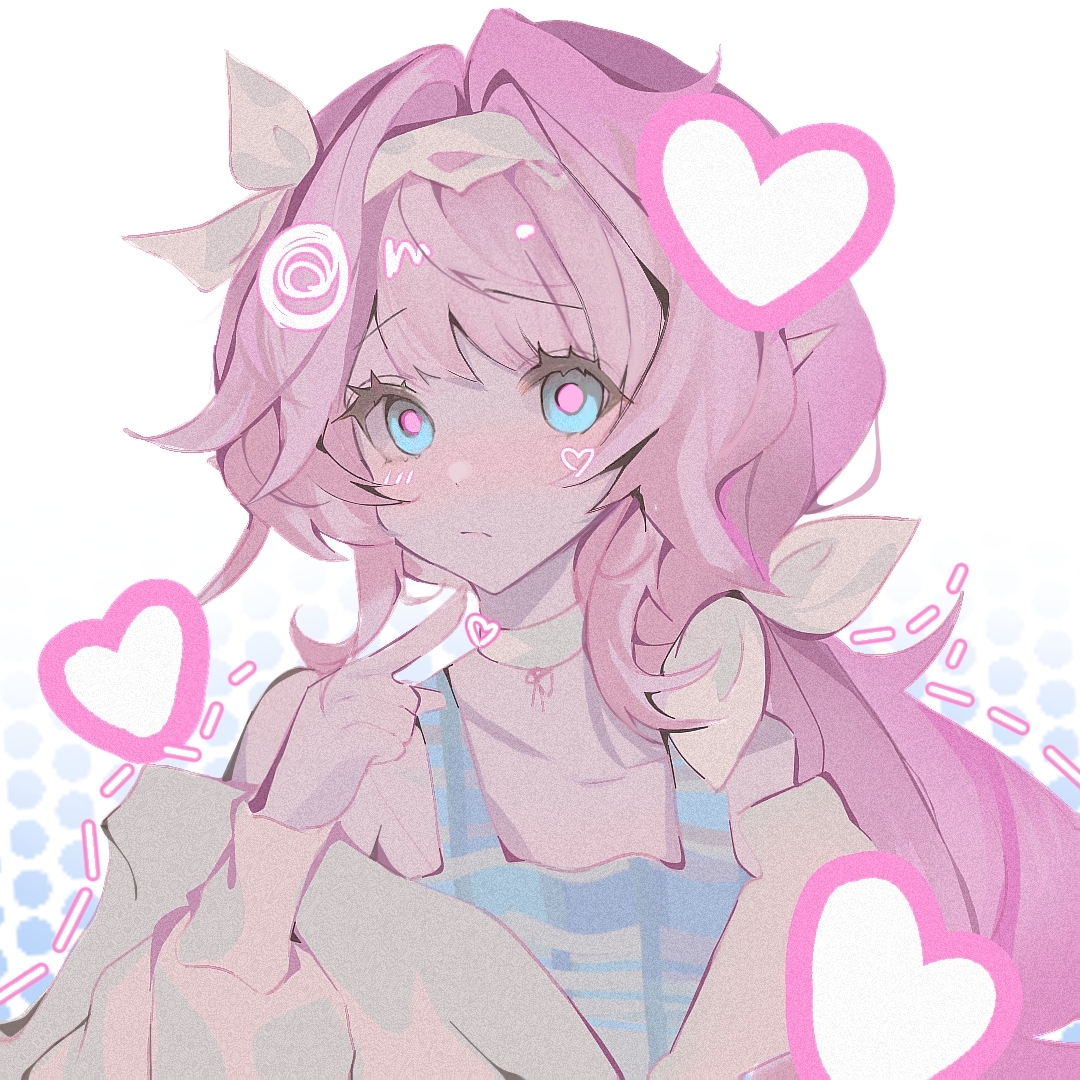 elysia (honkai impact), honkai (series), honkai impact 3rd, chinese commentary, commentary request, 1girl, alternate costume, blue eyes, blue shirt, coat, hairband, heart, hu ming (mingwobujiegao), long hair, looking at viewer, pink hair, pointing, pointing at self, shirt, simple background, solo, very long hair, white background, white coat, white hairband