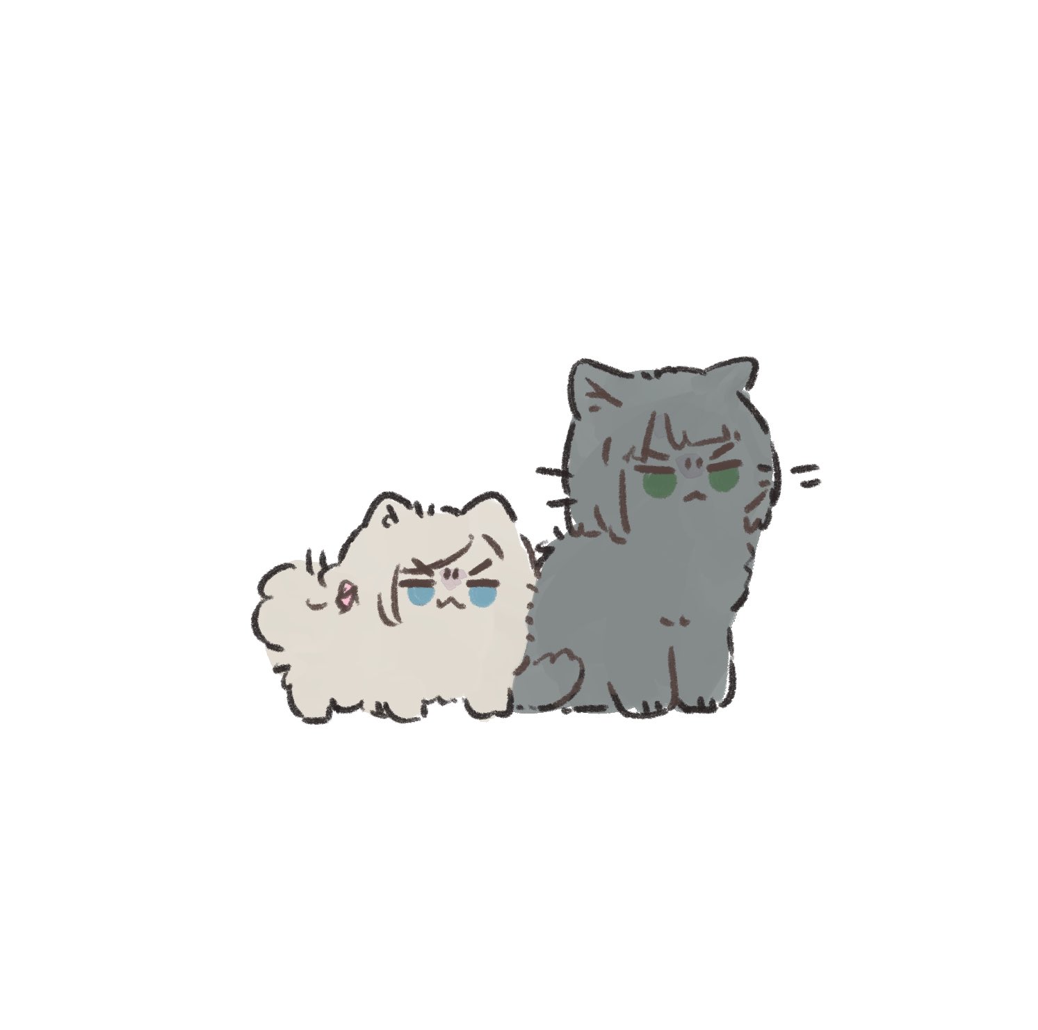 ao kaeru, ceras yanagida lilienfeld, momose ginko, link! like! love live!, love live!, highres, :3, angry, animal, animal focus, animal with hair, animalization, black cat, blue eyes, bob cut, cat, chihuahua, closed mouth, dog, green eyes, grey dog, jitome, no humans, simple background, sitting, standing, v-shaped eyebrows, virtual youtuber, white background